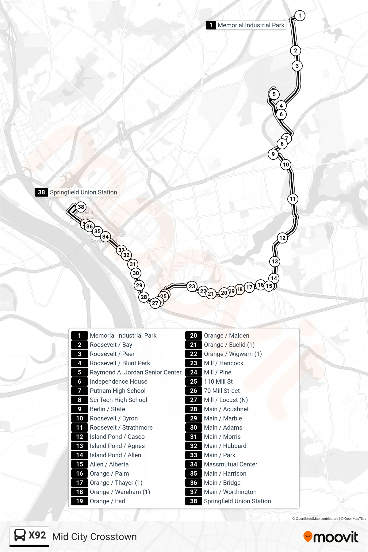 X92 bus Line (Union Station Via South End) route and stops on a map