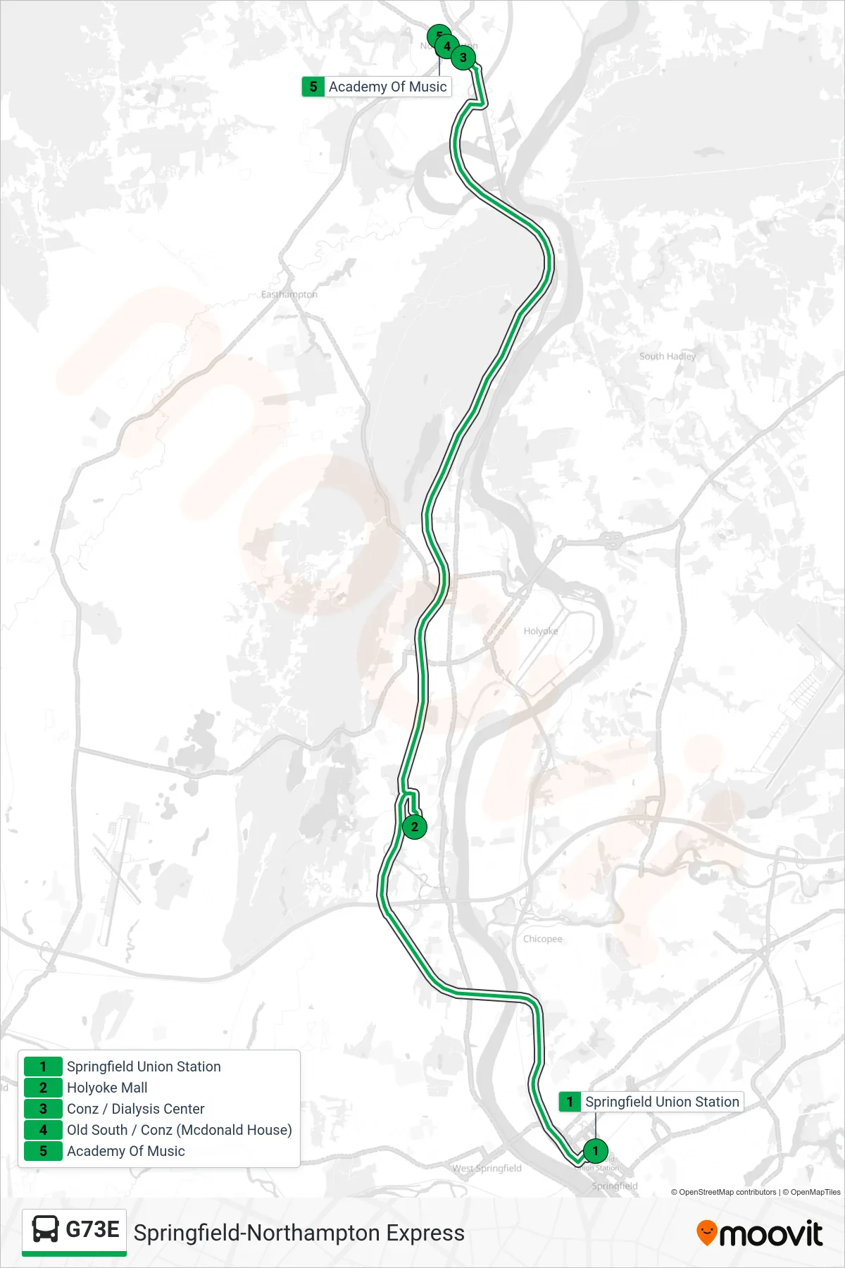 G73E bus Line (Northampton Via Holyoke Mall) route and stops on a map