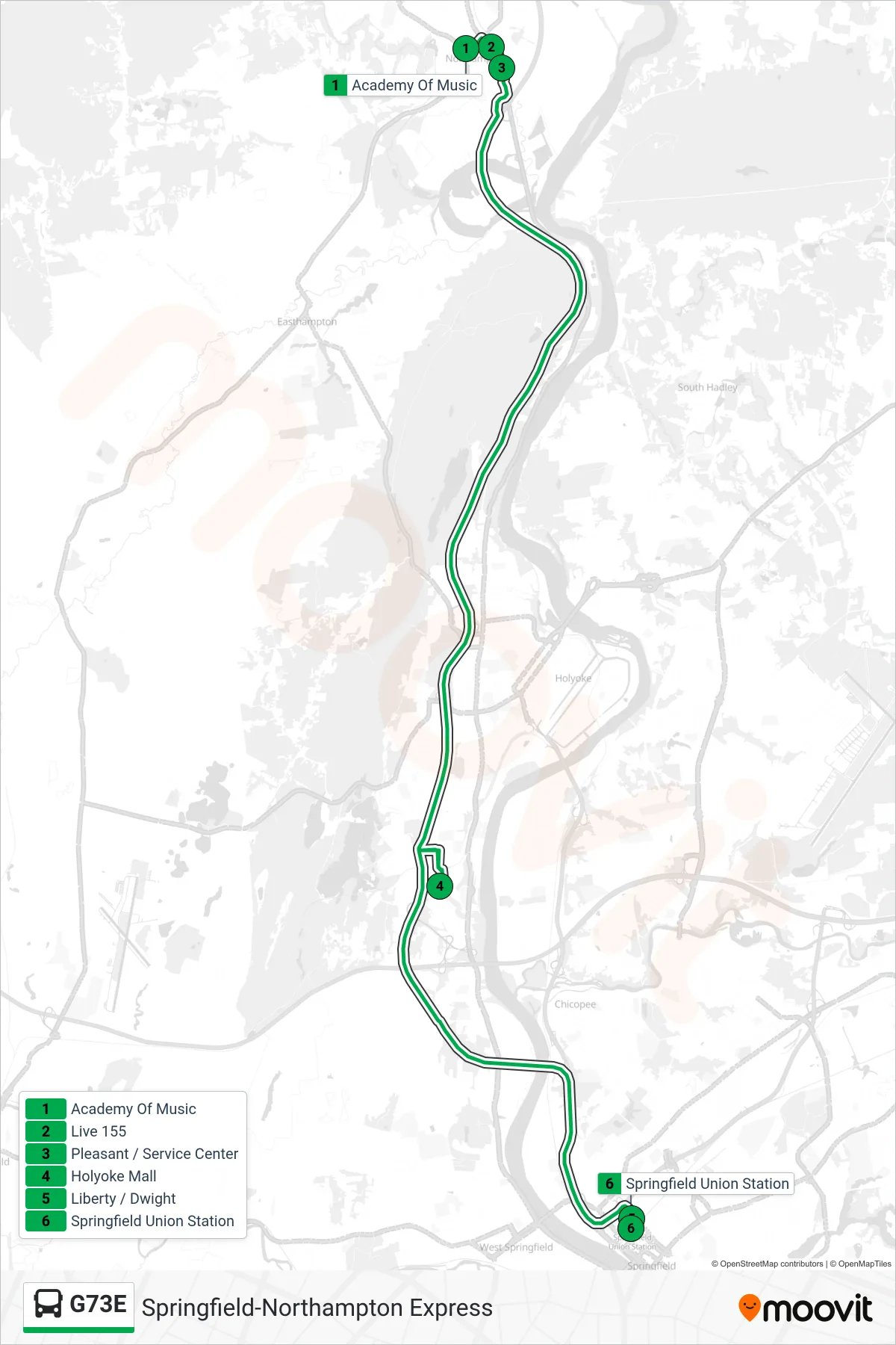 G73E bus Line (Springfield Via Holyoke Mall) route and stops on a map