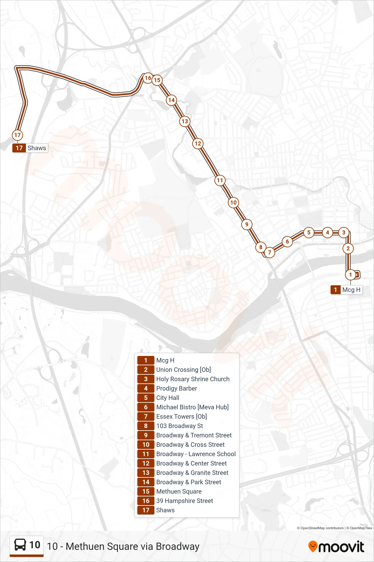 10 bus Line (Shaws Via Broadway) route and stops on a map