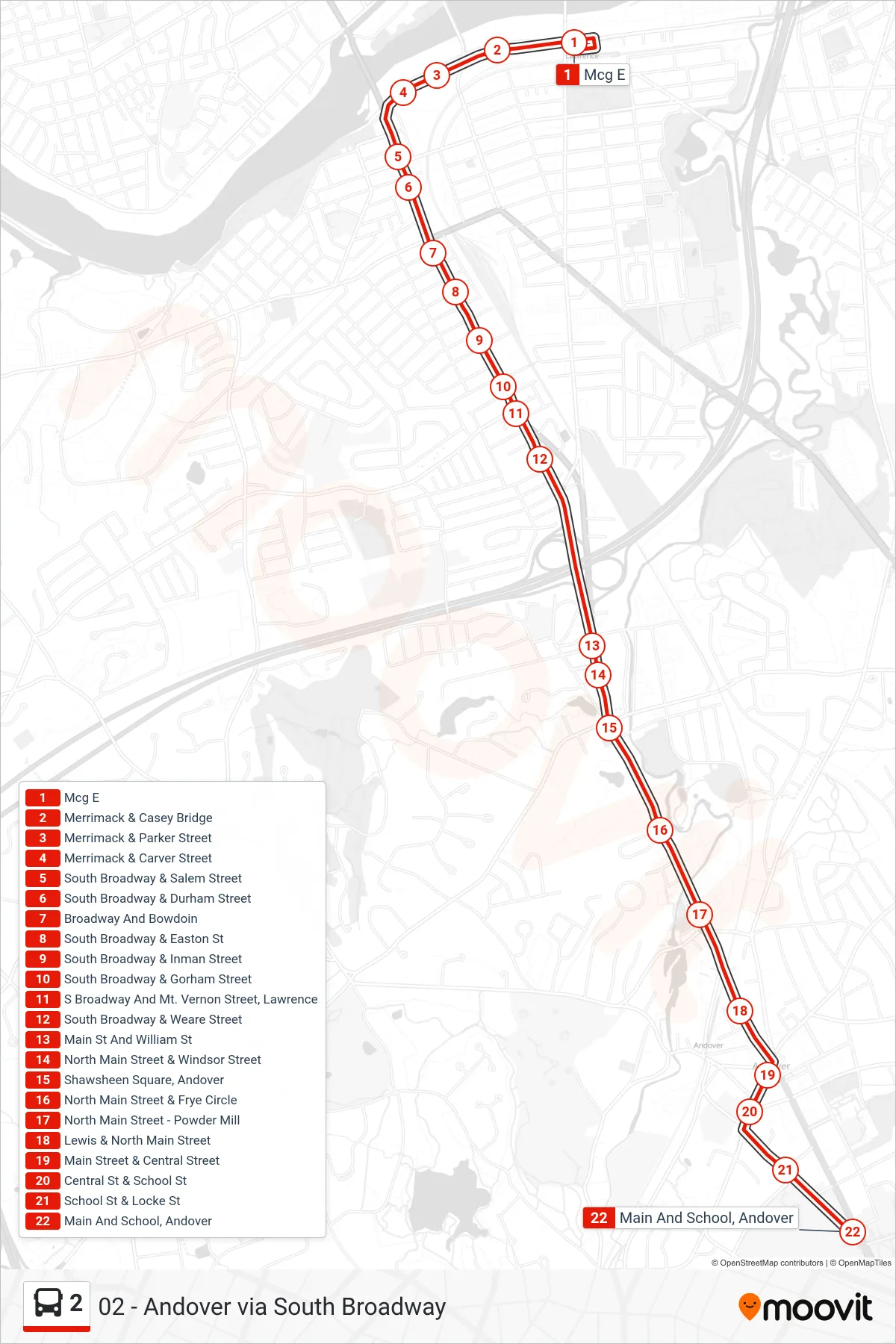 2 bus Line (Outbound) route and stops on a map