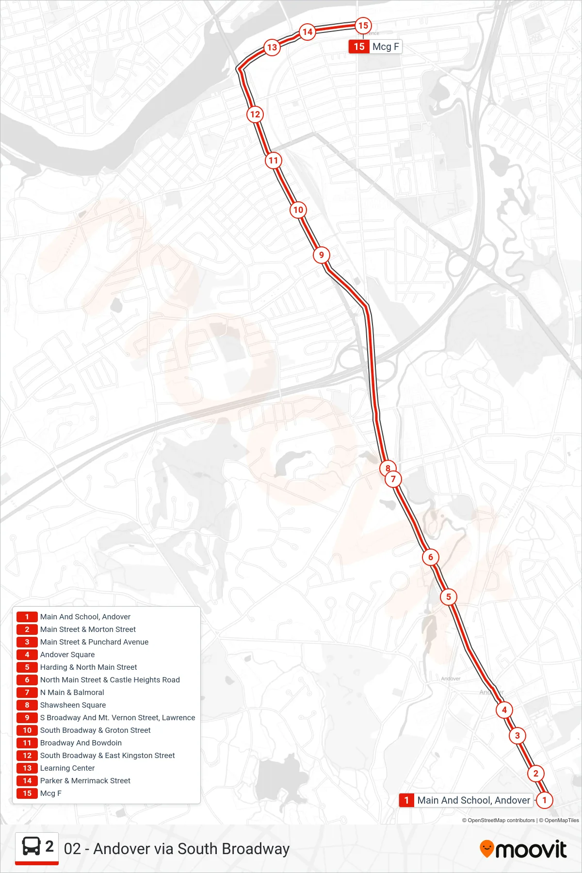 2 bus Line (Inbound) route and stops on a map