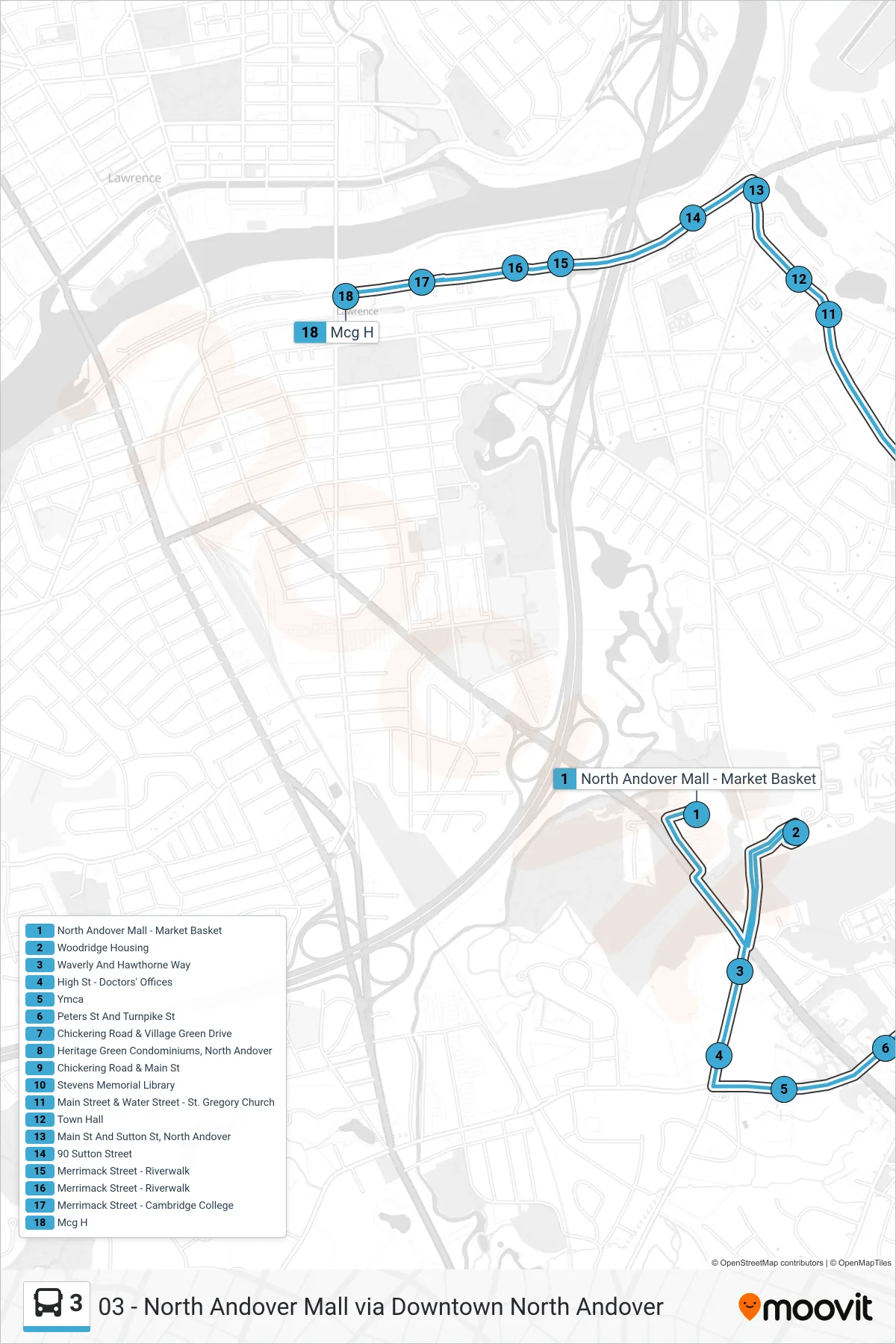 3 bus Line (Mcgovern Via Main) route and stops on a map