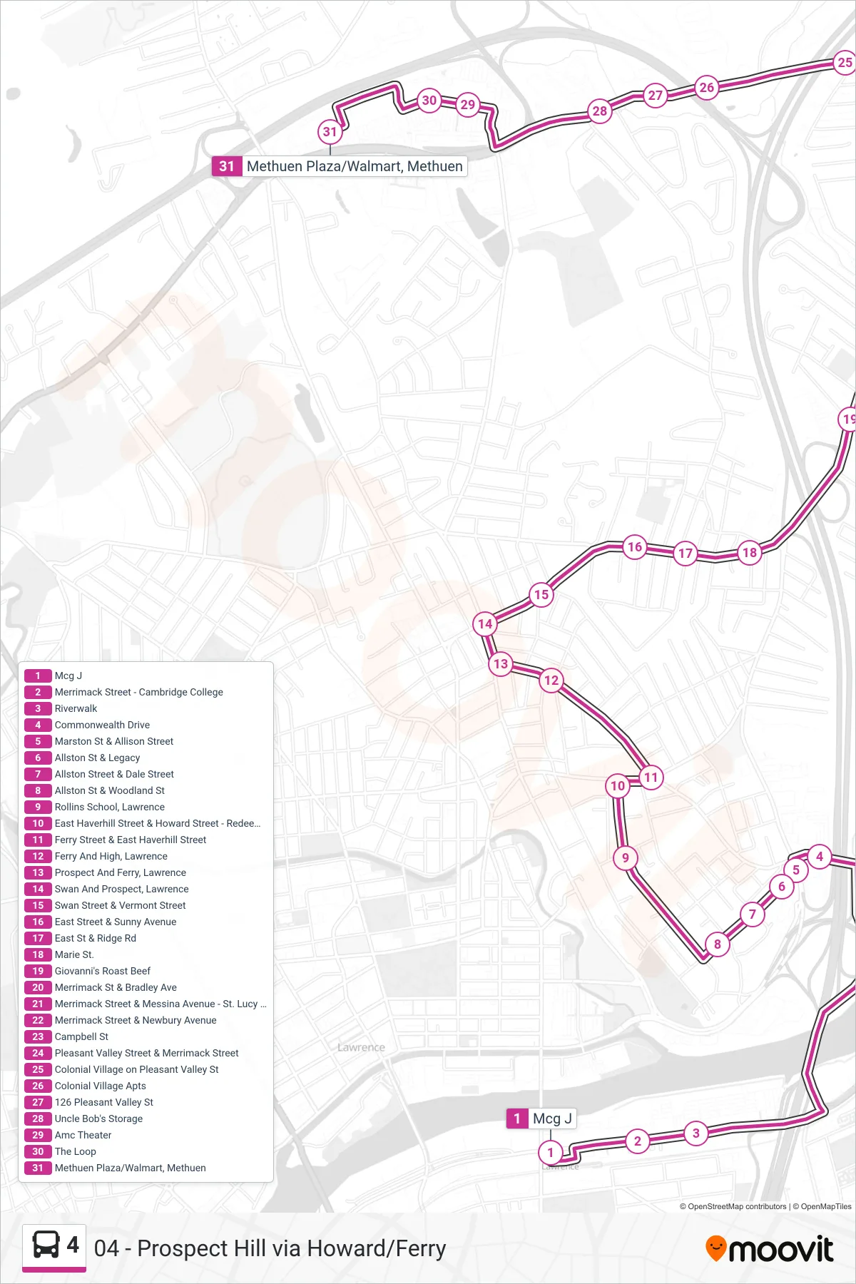 4 bus Line (The Loop Via Prospect Hill) route and stops on a map