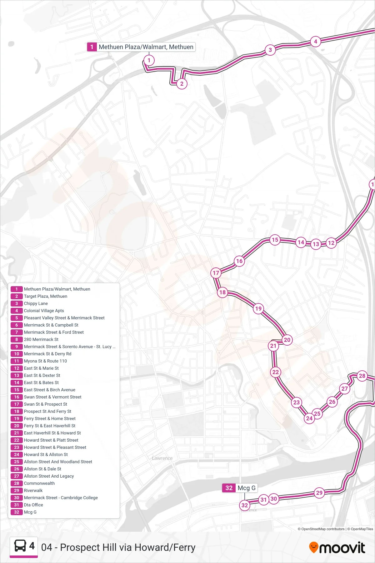 4 bus Line (Inbound) route and stops on a map