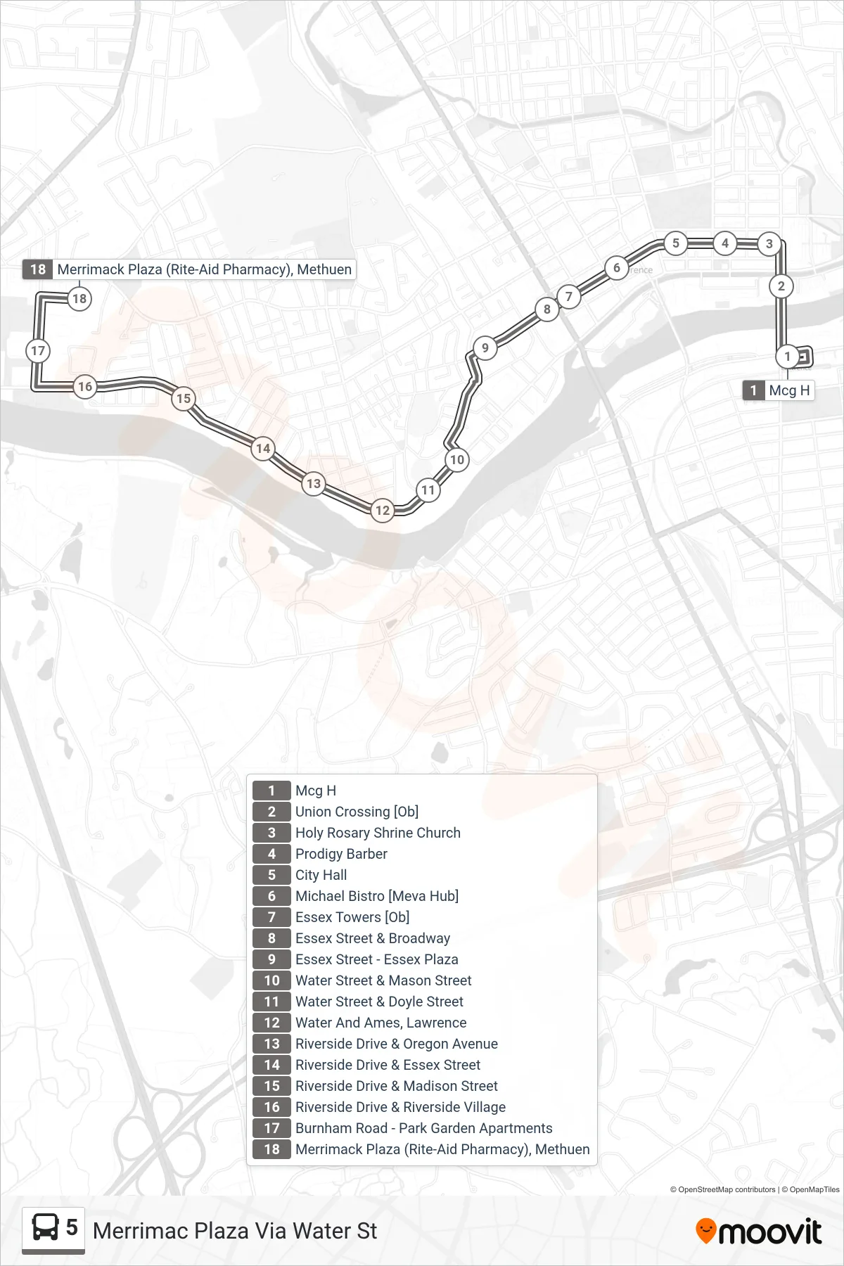 5 bus Line (Merrimac Plaza Via Water St) route and stops on a map