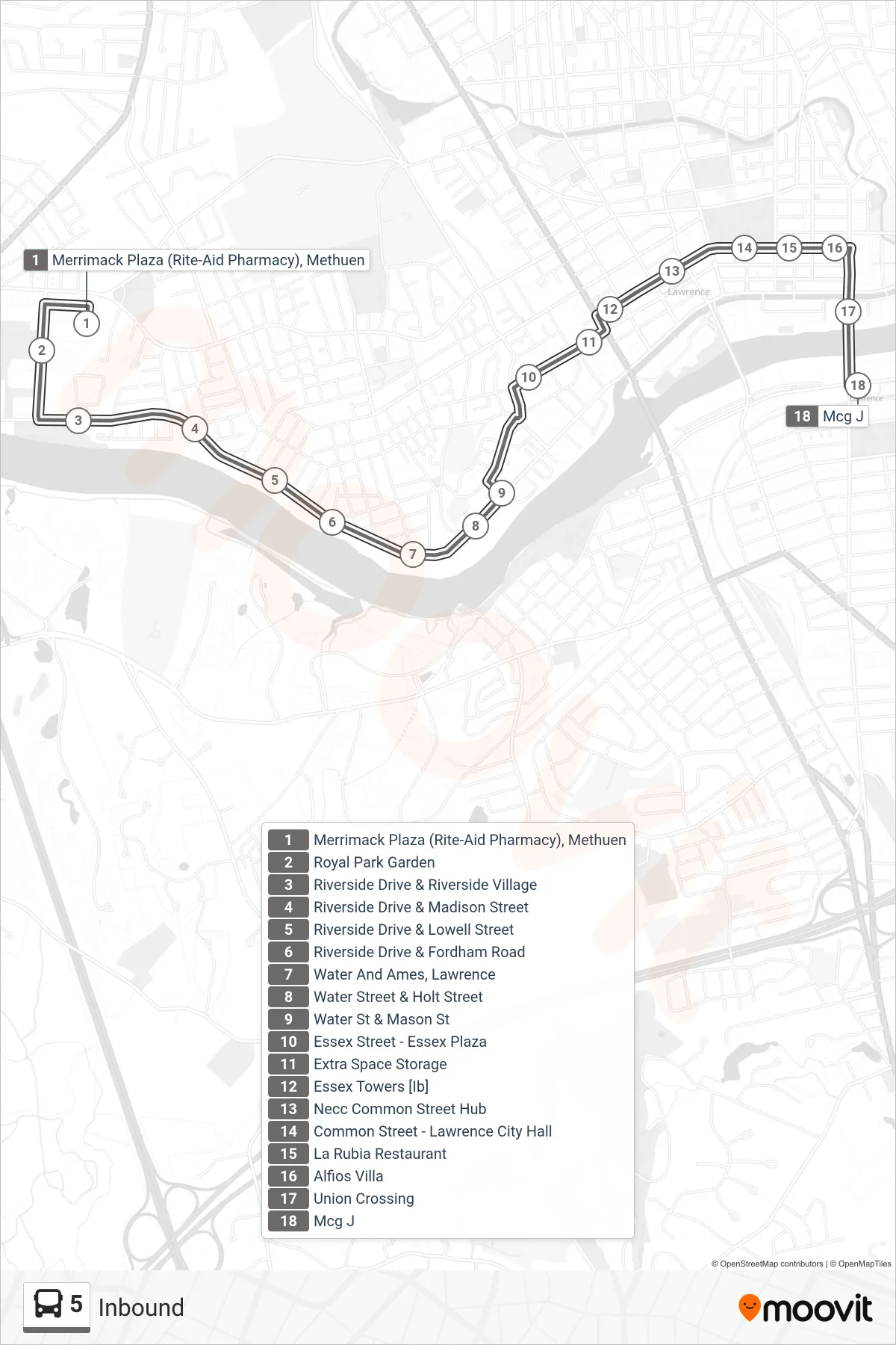 5 bus Line (Inbound) route and stops on a map
