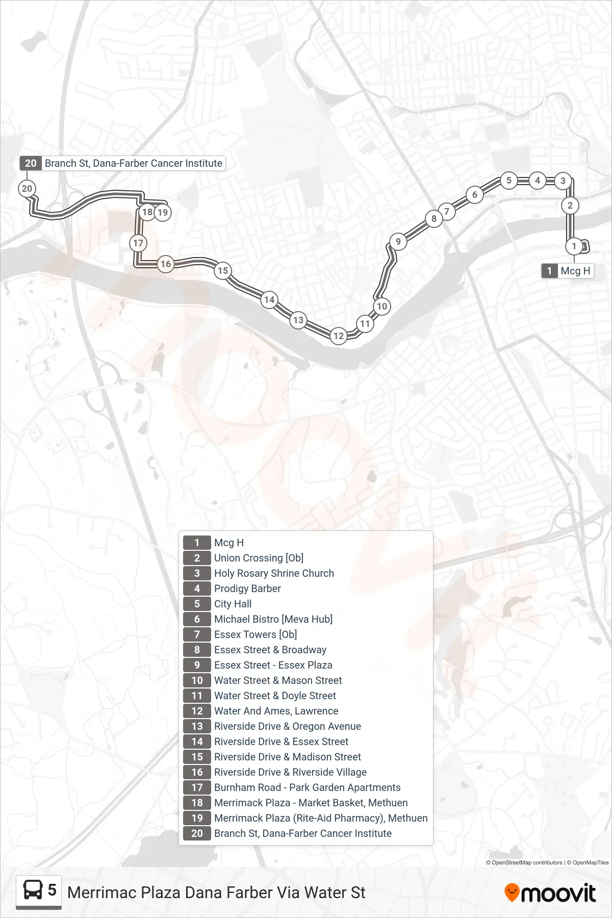 5 bus Line (Merrimac Plaza Dana Farber Via Water St) route and stops on a map