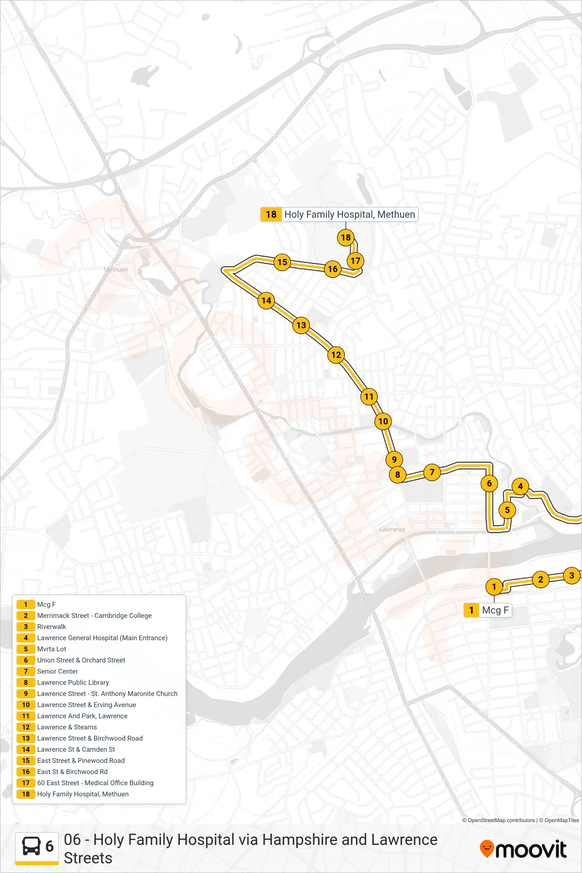 6 bus Line (Holy Family Hosp Via Lgh) route and stops on a map
