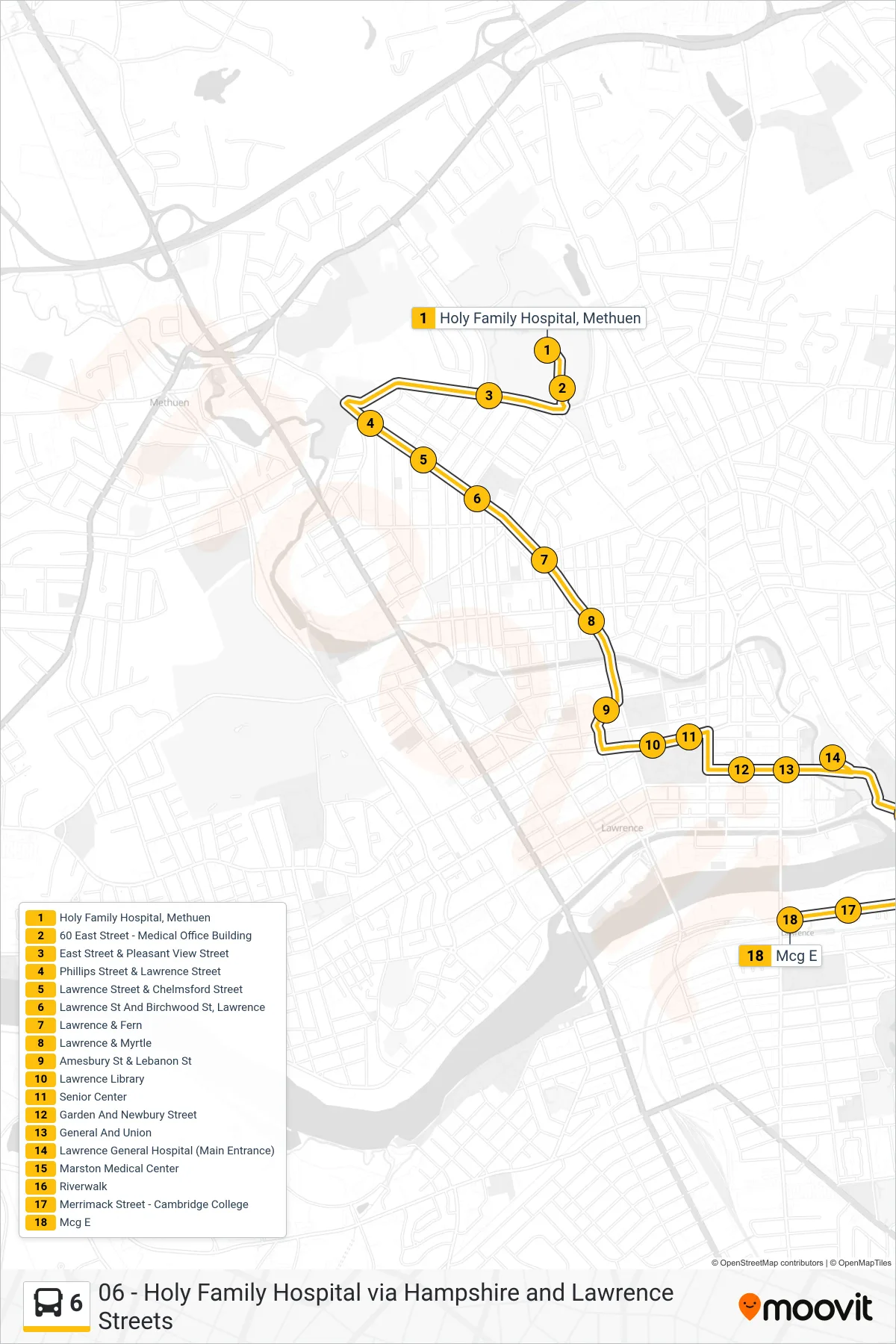 6 bus Line (Mcgovern) route and stops on a map