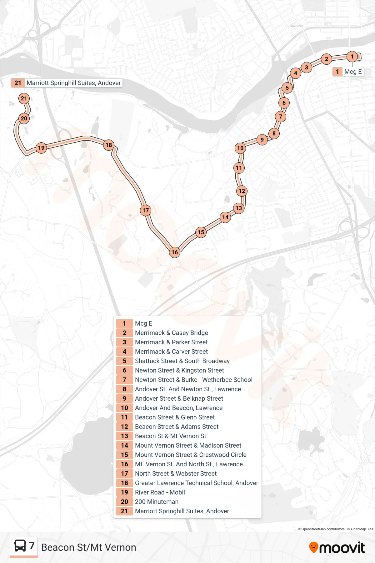 7 bus Line (Beacon St/Mt Vernon) route and stops on a map