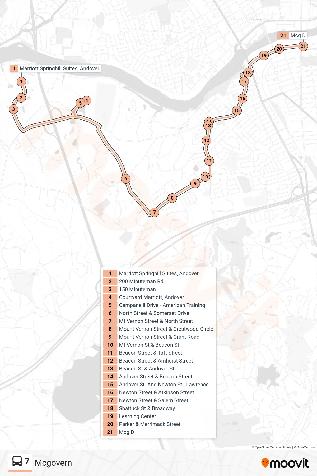 7 bus Line (Mcgovern) route and stops on a map