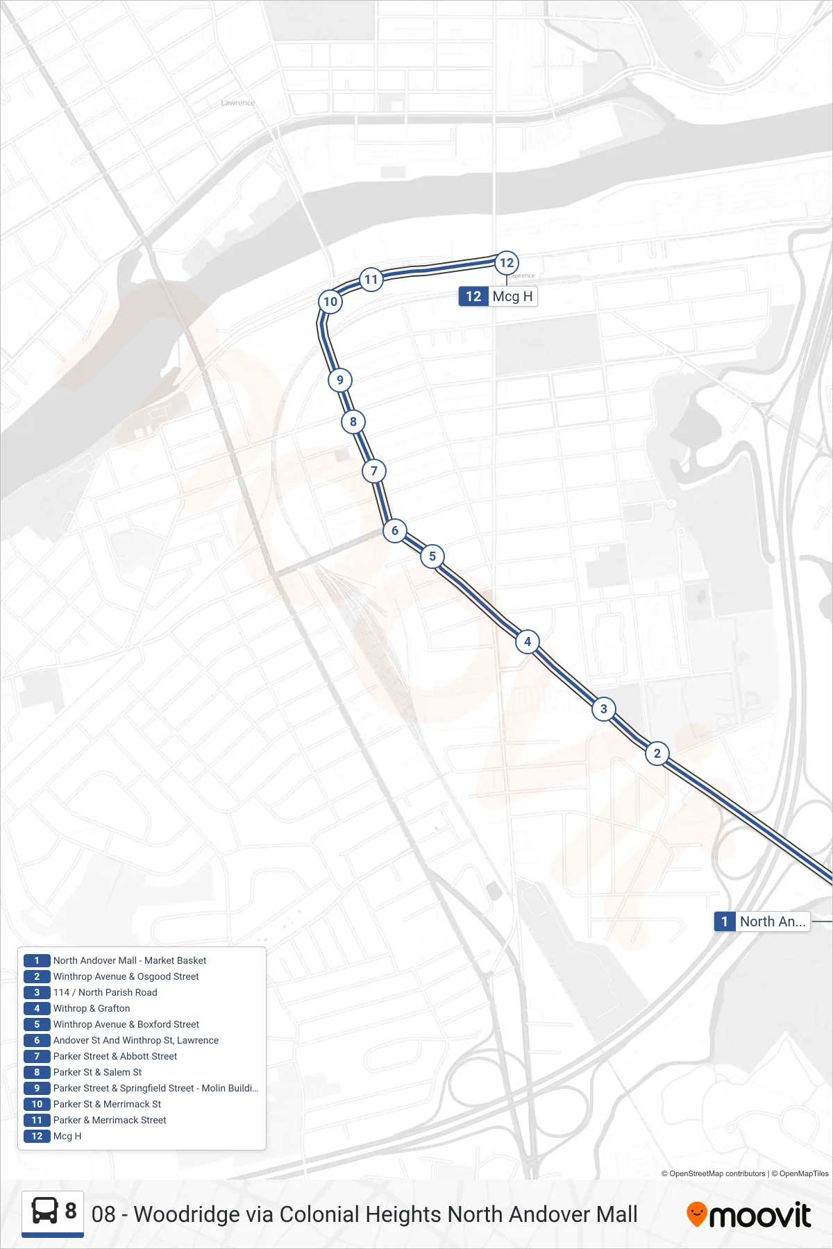 8 bus Line (Mcgovern) route and stops on a map