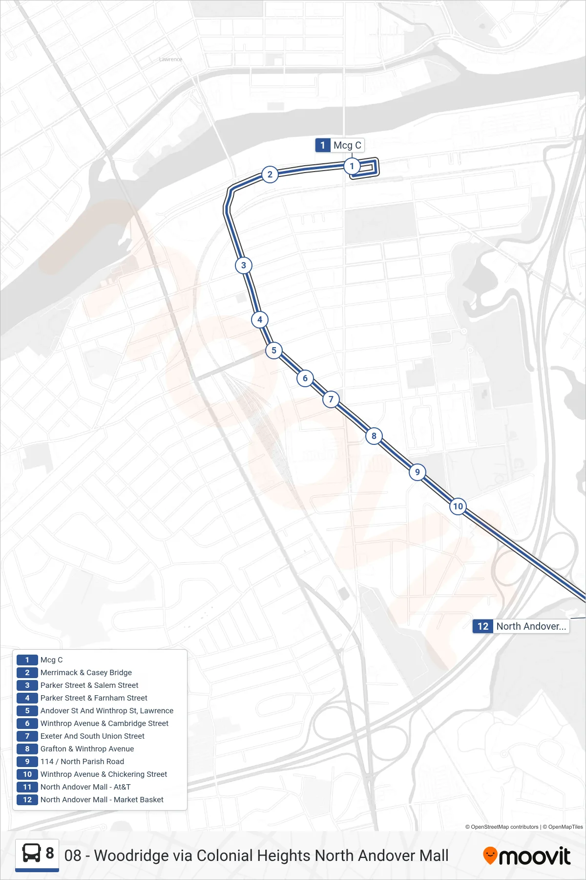 8 bus Line (N Andover Mall Via Parker St) route and stops on a map