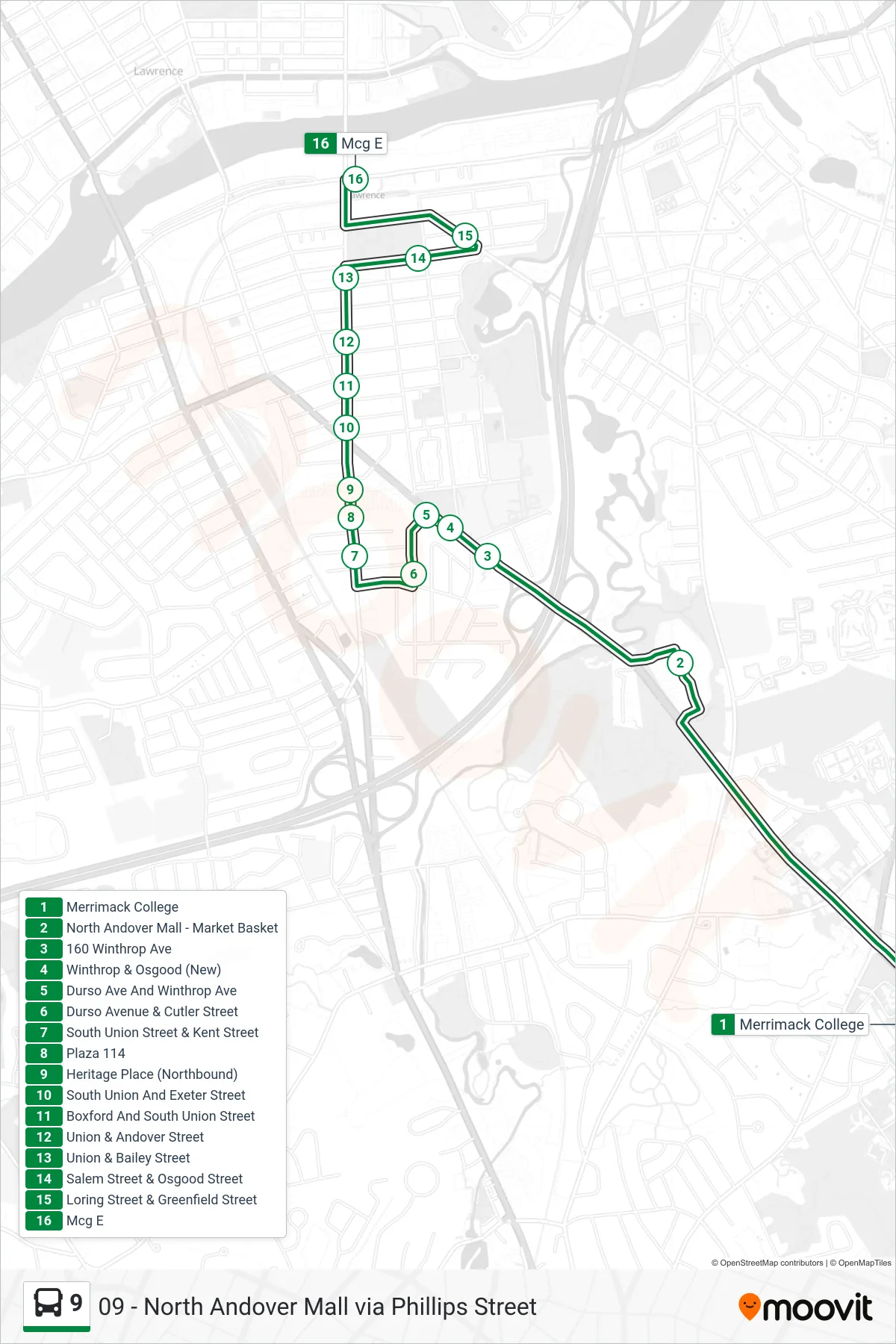 9 bus Line (Mcgovern) route and stops on a map