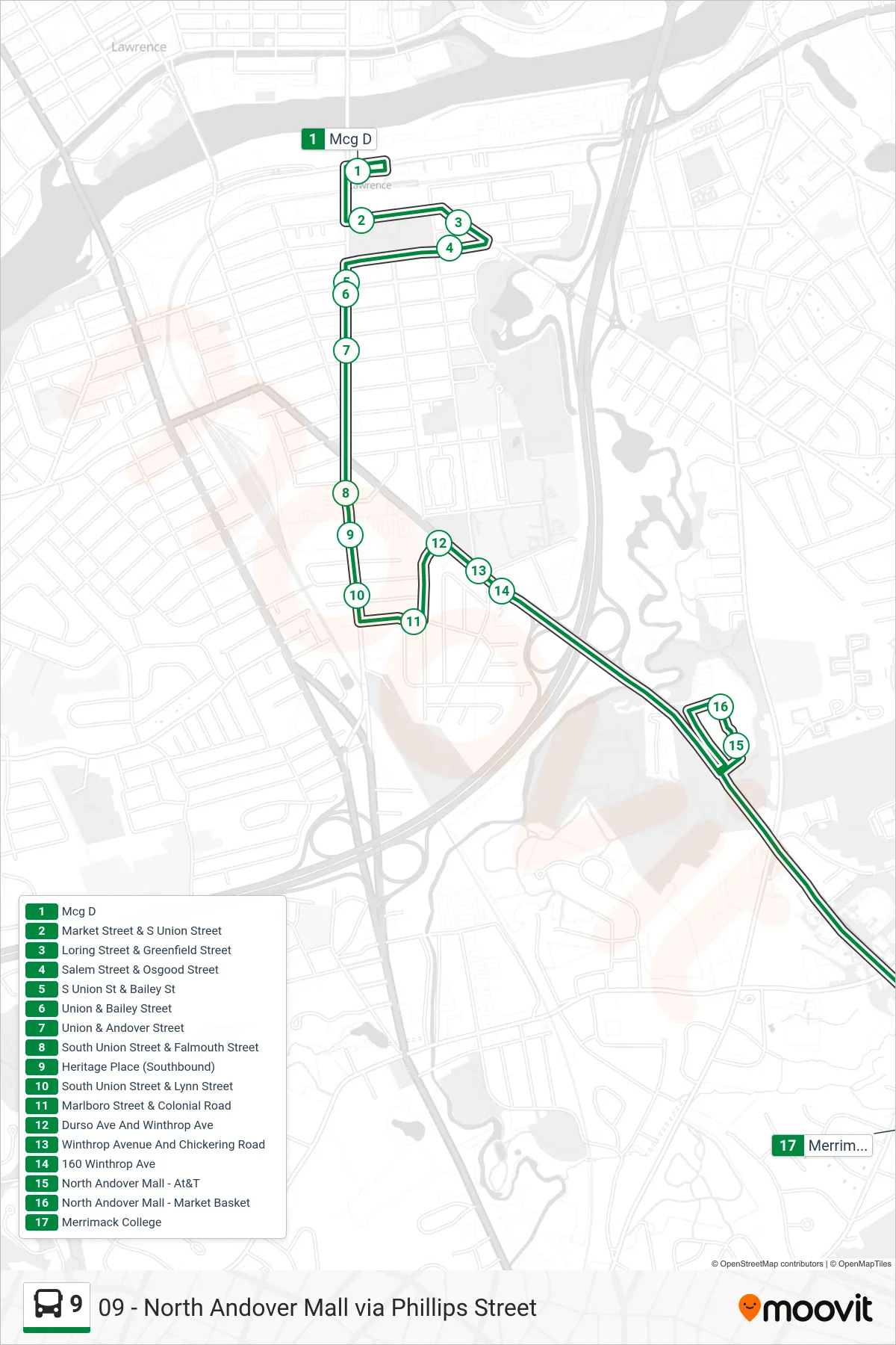 9 bus Line (Merrimack Coll Via Colonial Heights) route and stops on a map