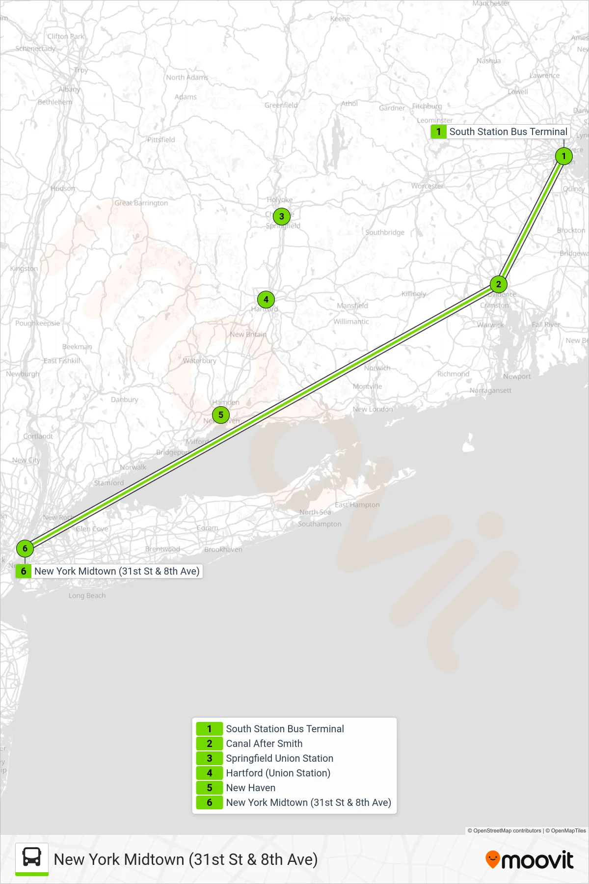FLIXBUS 2610 bus Line (New York Midtown (31st St & 8th Ave)) route and stops on a map