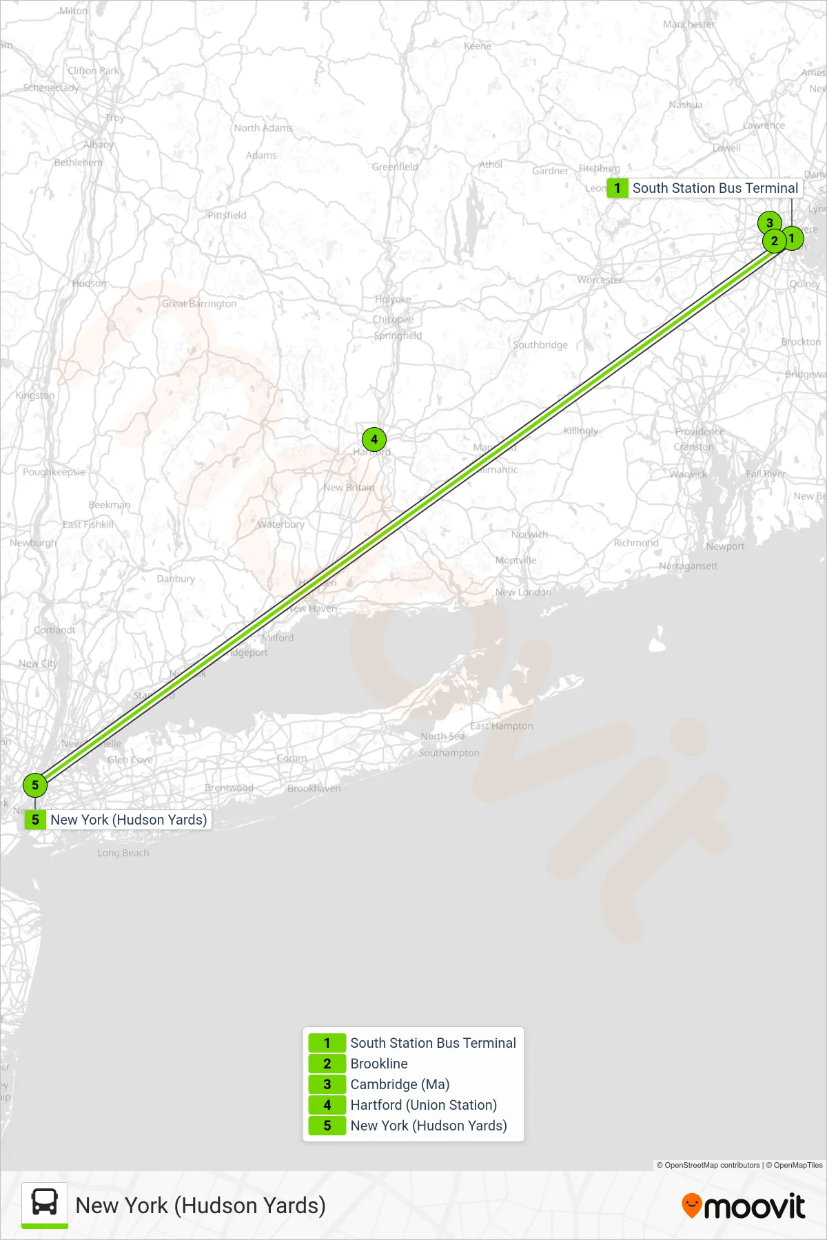 FLIXBUS 2610 bus Line (New York (Hudson Yards)) route and stops on a map