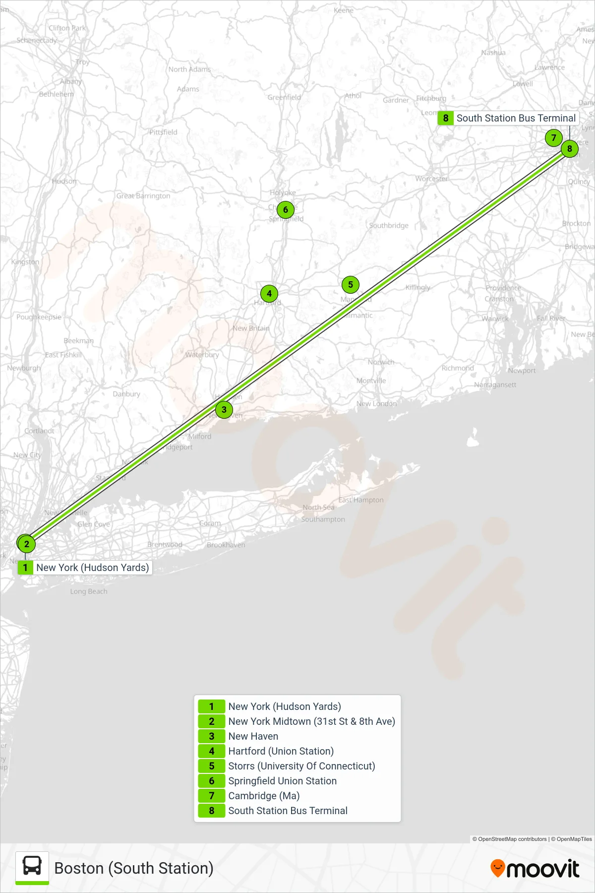 FLIXBUS 2610 bus Line (Boston (South Station)) route and stops on a map