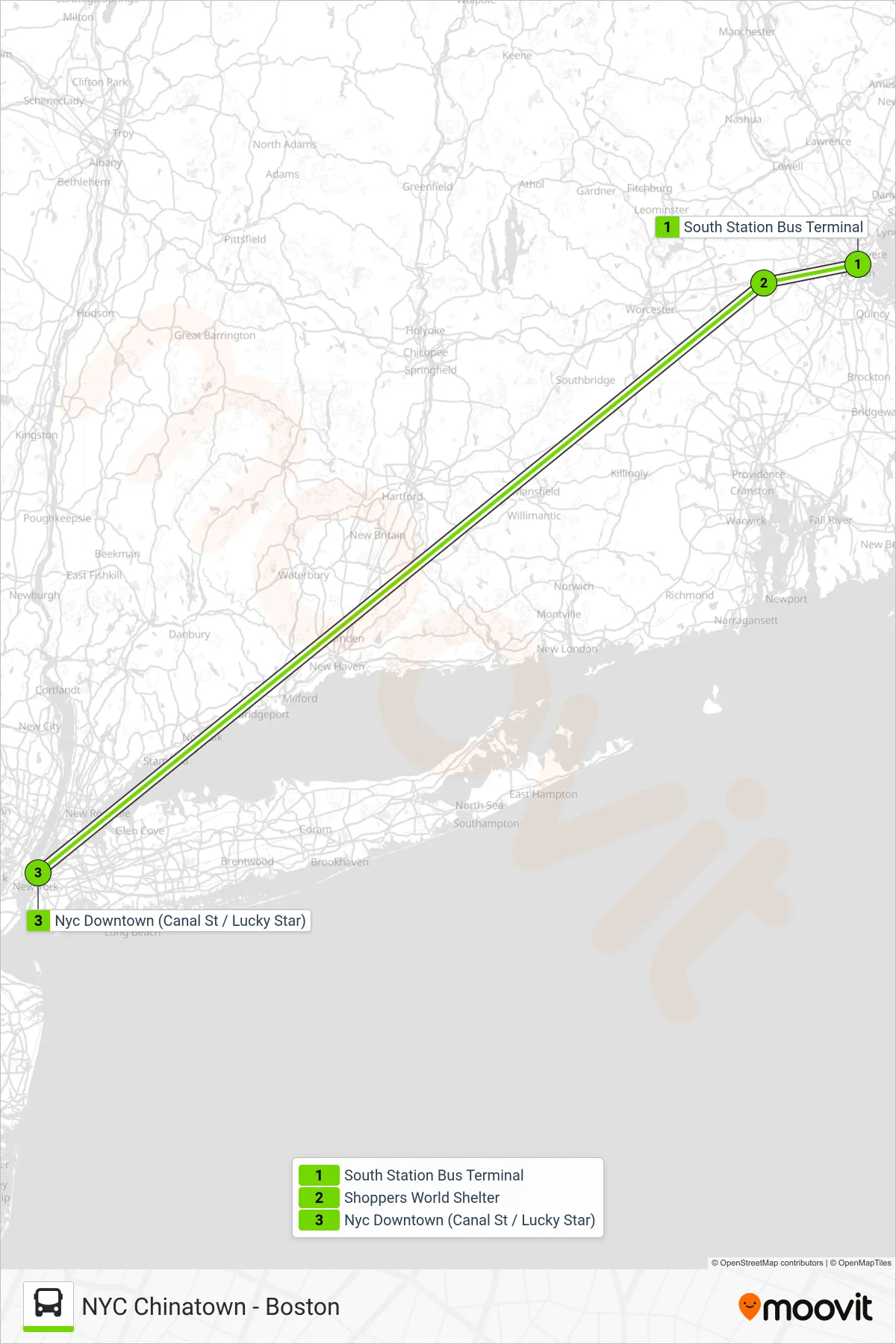 FLIXBUS 2611 bus Line (Nyc Downtown (Canal St / Lucky Star)) route and stops on a map
