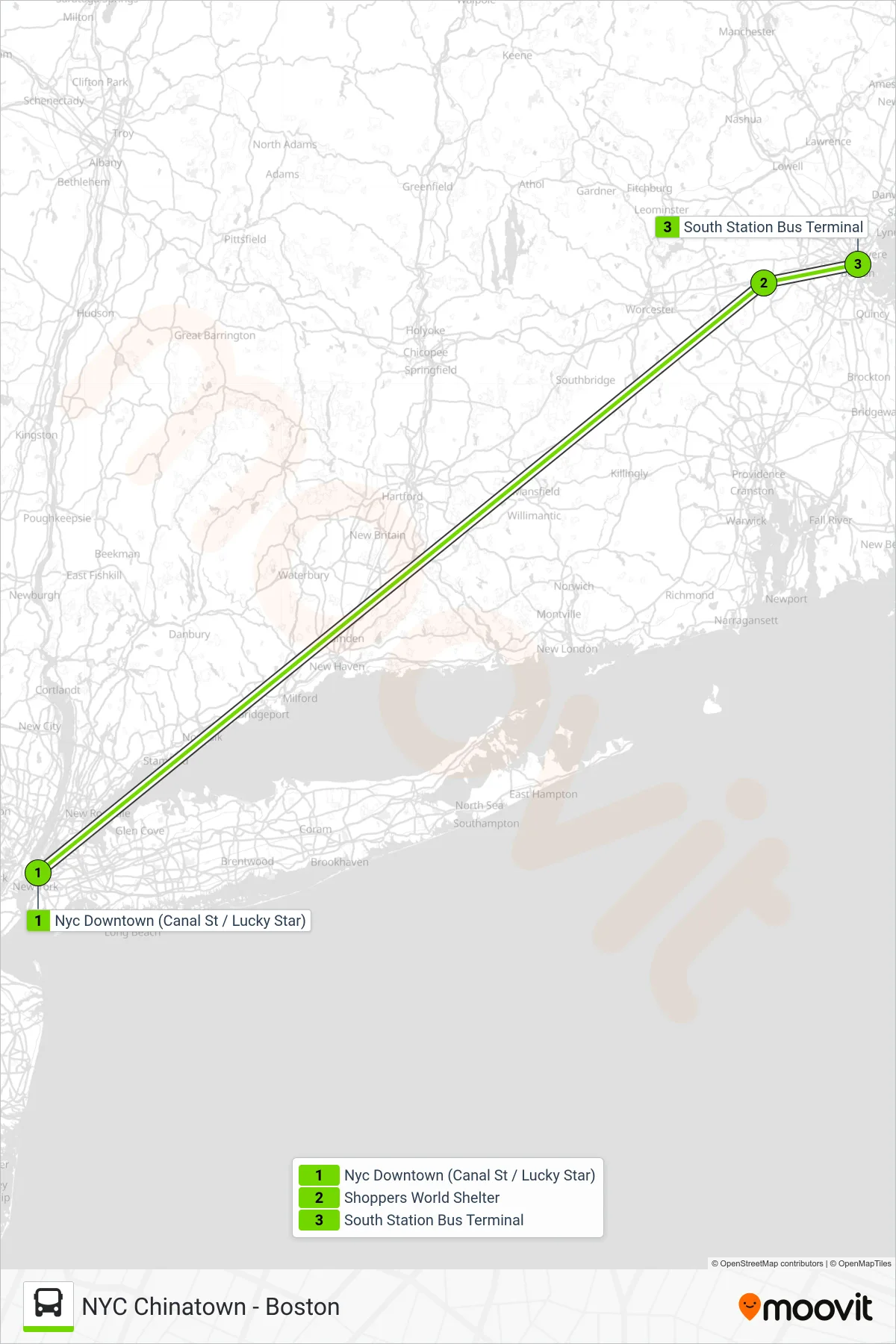 FLIXBUS 2611 bus Line (Boston (South Station)) route and stops on a map