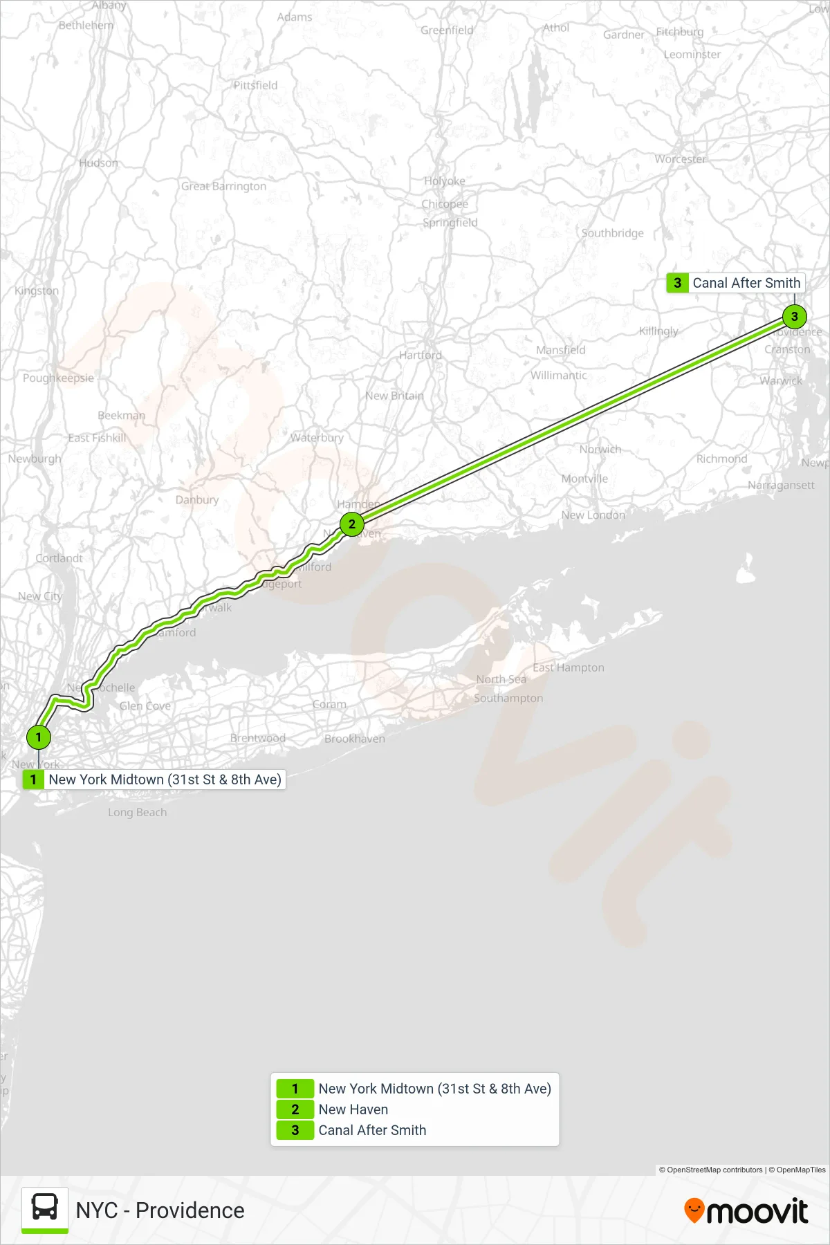 FLIXBUS 2616 bus Line (Providence (Canal St & Smith St)) route and stops on a map