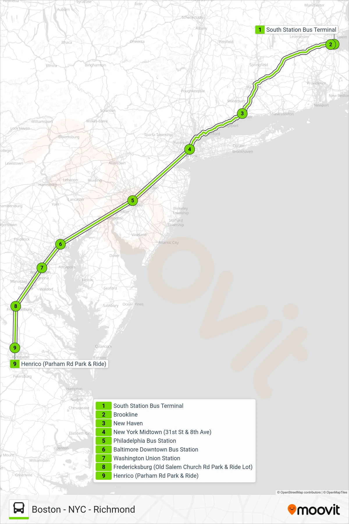 FLIXBUS N2605 bus Line (Henrico (Parham Rd Park & Ride)) route and stops on a map