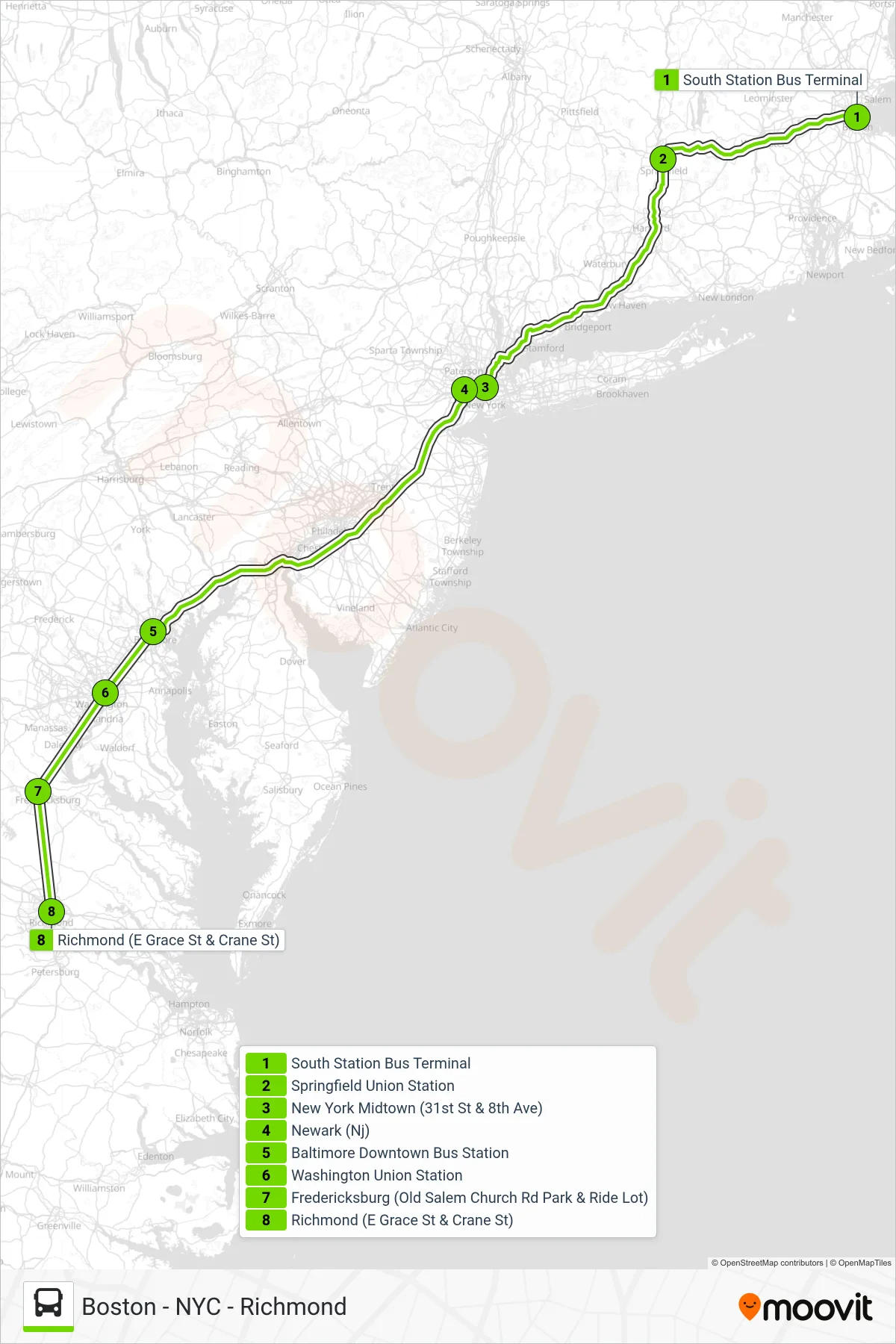 FLIXBUS N2605 bus Line (Richmond (E Grace St & Crane St)) route and stops on a map