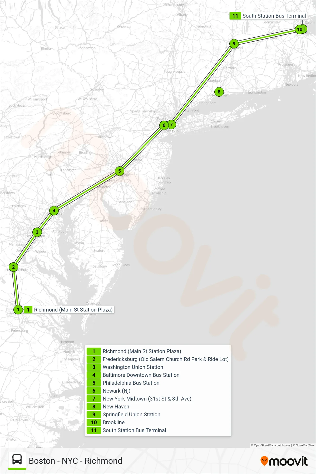 FLIXBUS N2605 bus Line (Boston (South Station)) route and stops on a map