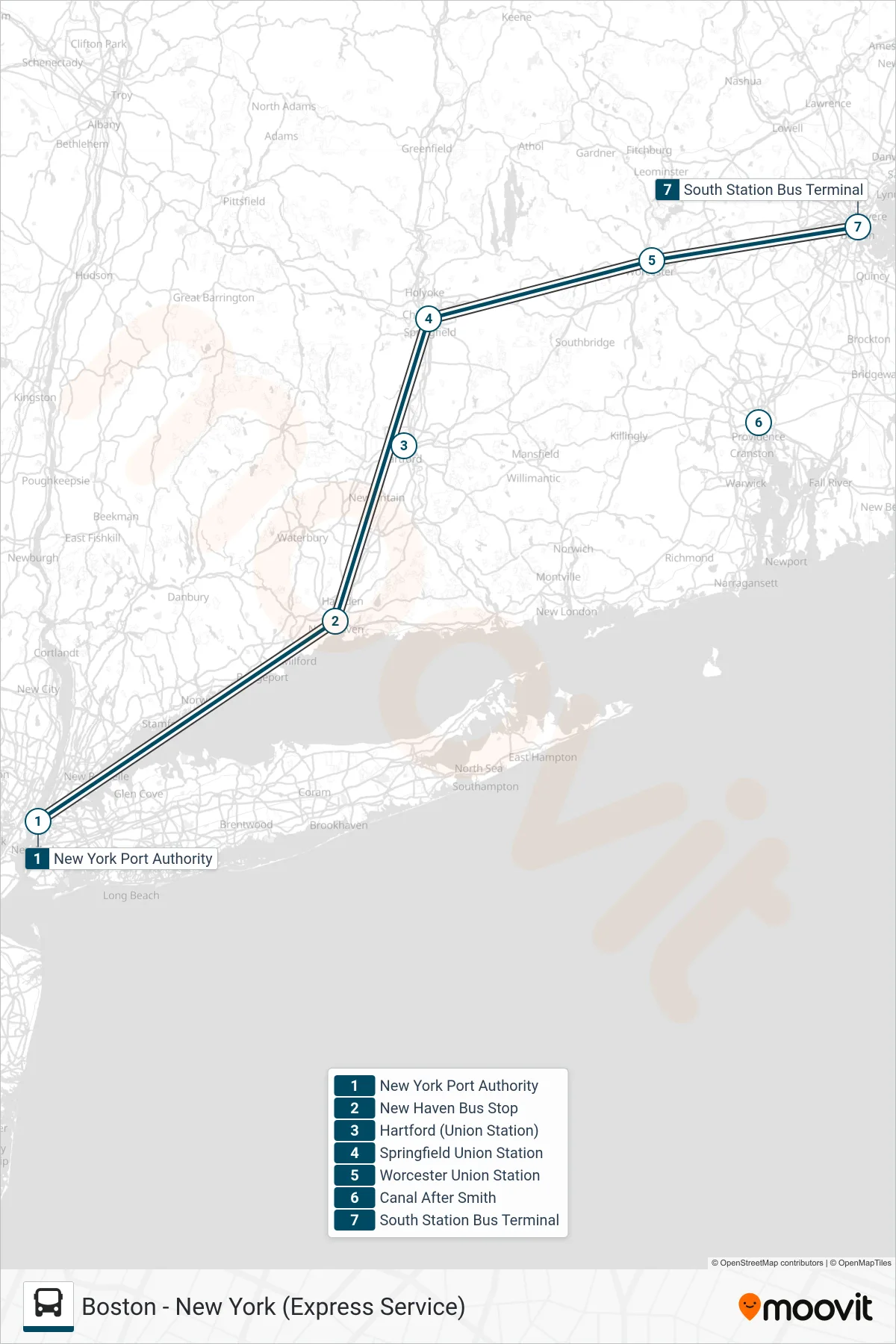 GREYHOUND US0230 bus Line (Boston (South Station)) route and stops on a map