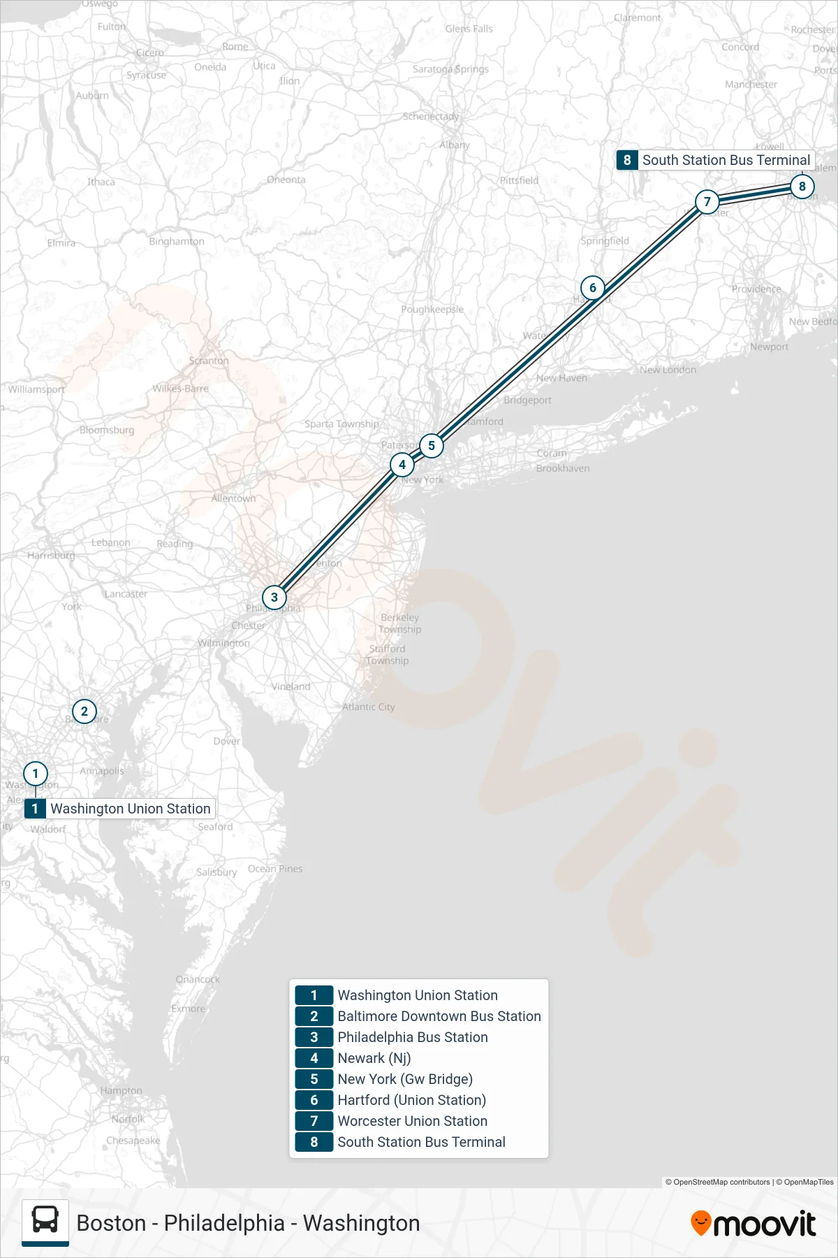 GREYHOUND US0235 bus Line (Boston (South Station)) route and stops on a map