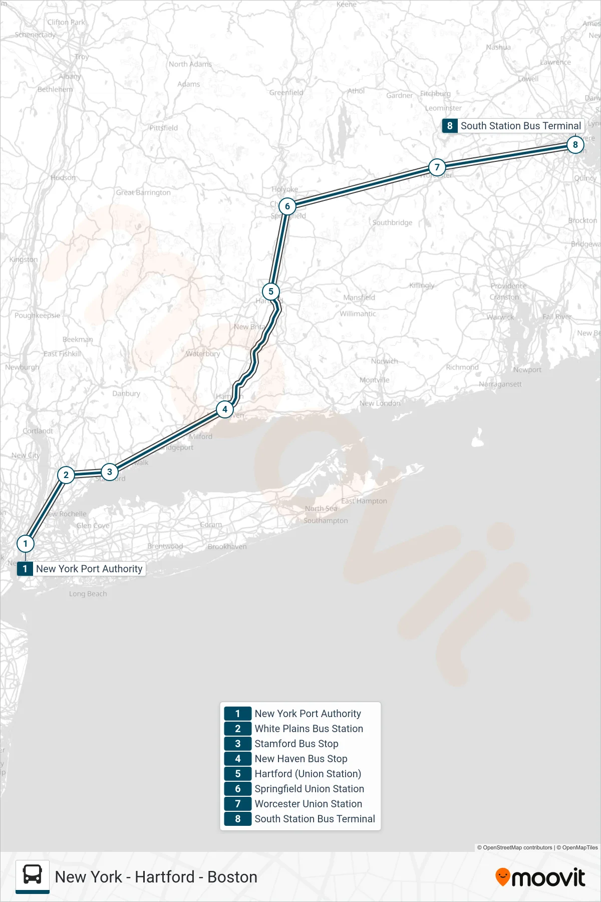 GREYHOUND US0240 bus Line (Boston (South Station)) route and stops on a map