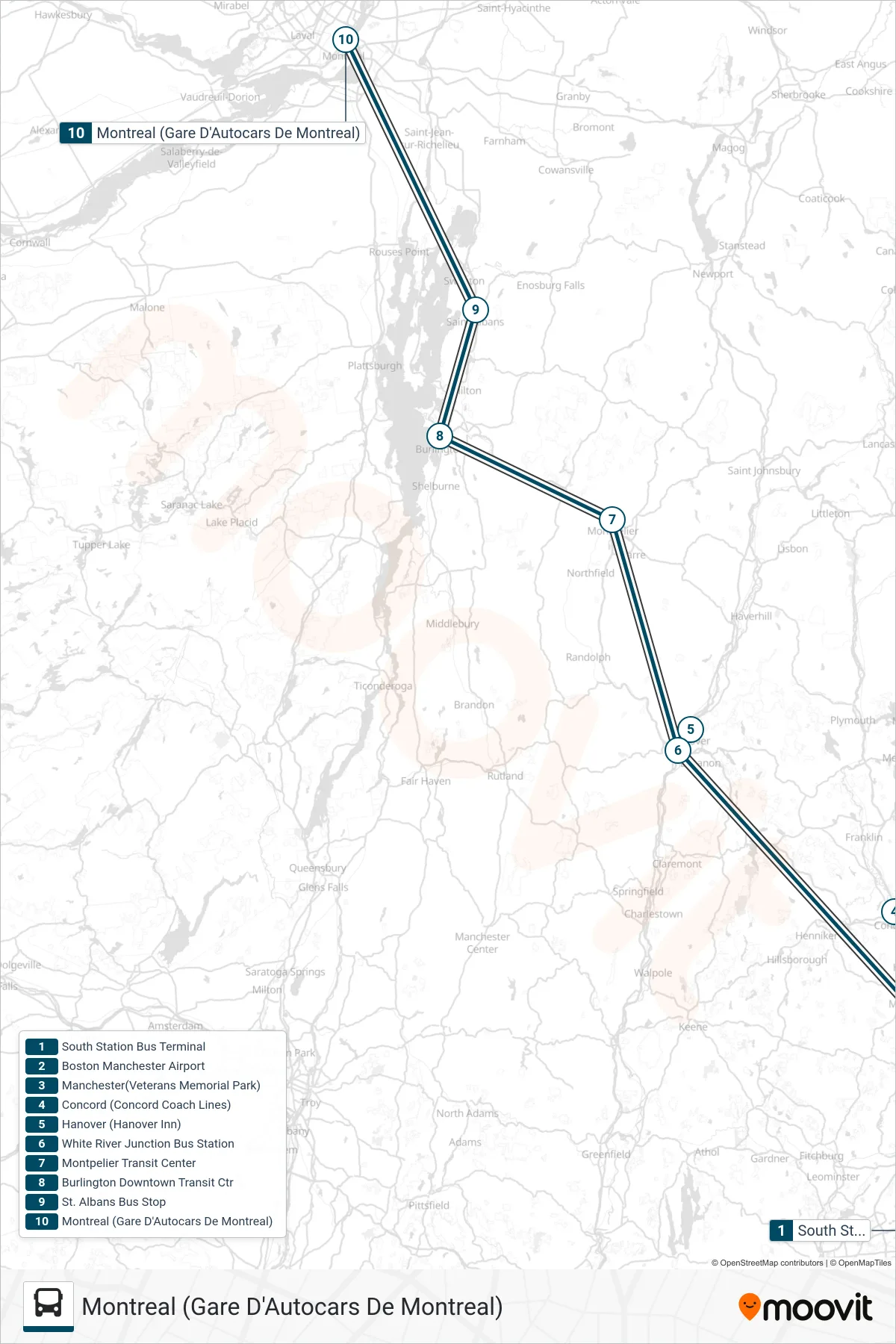 GREYHOUND US0260 bus Line (Montreal (Gare D'Autocars De Montreal)) route and stops on a map