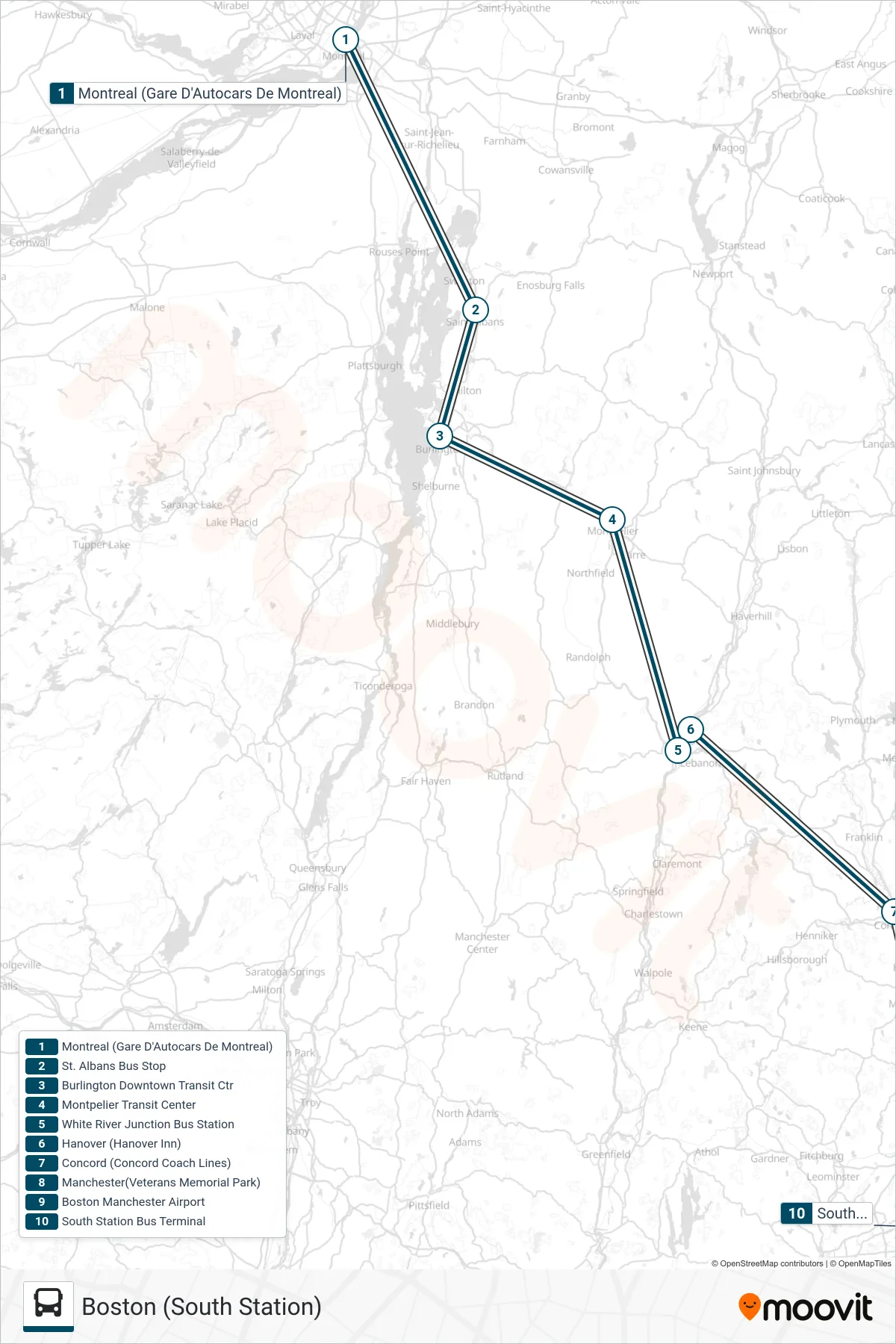 GREYHOUND US0260 bus Line (Boston (South Station)) route and stops on a map