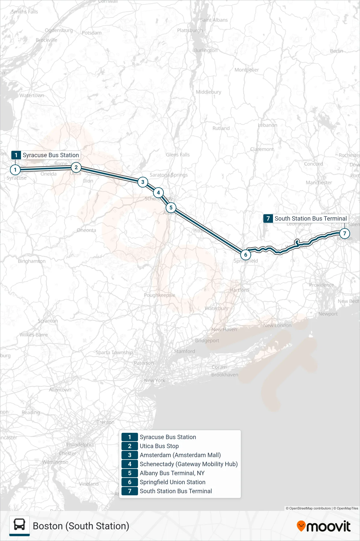 GREYHOUND US0270 bus Line (Boston (South Station)) route and stops on a map