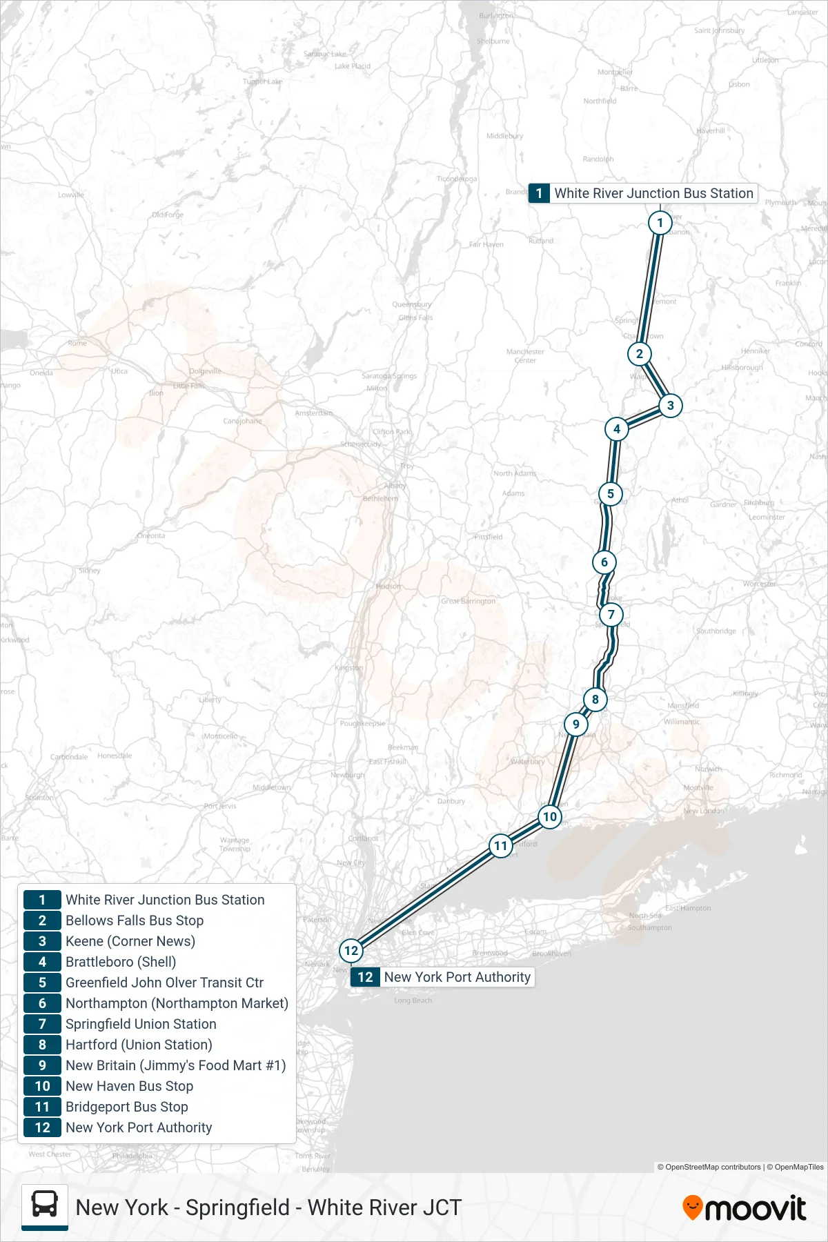 GREYHOUND US0255S bus Line (New York Port Authority) route and stops on a map