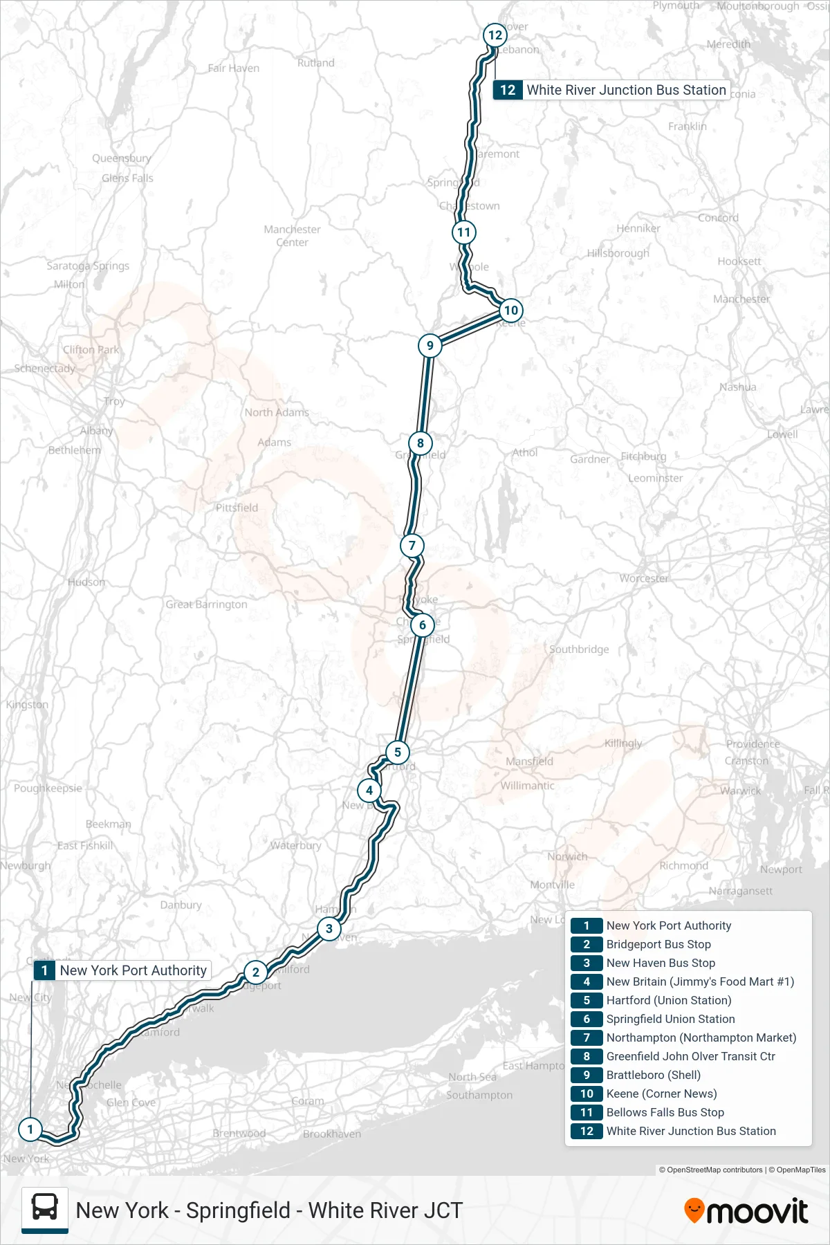 GREYHOUND US0255S bus Line (White River Junction Bus Station) route and stops on a map