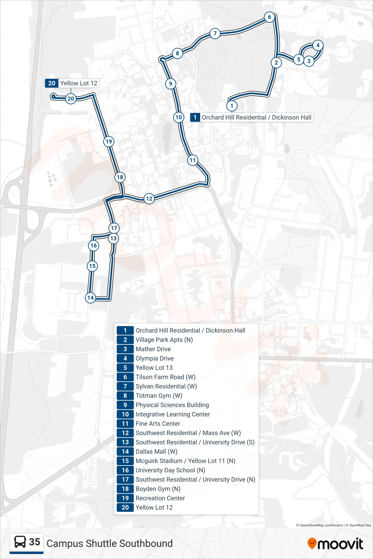 35 bus Line (Bus Garage Via Southwest/Mullins) route and stops on a map