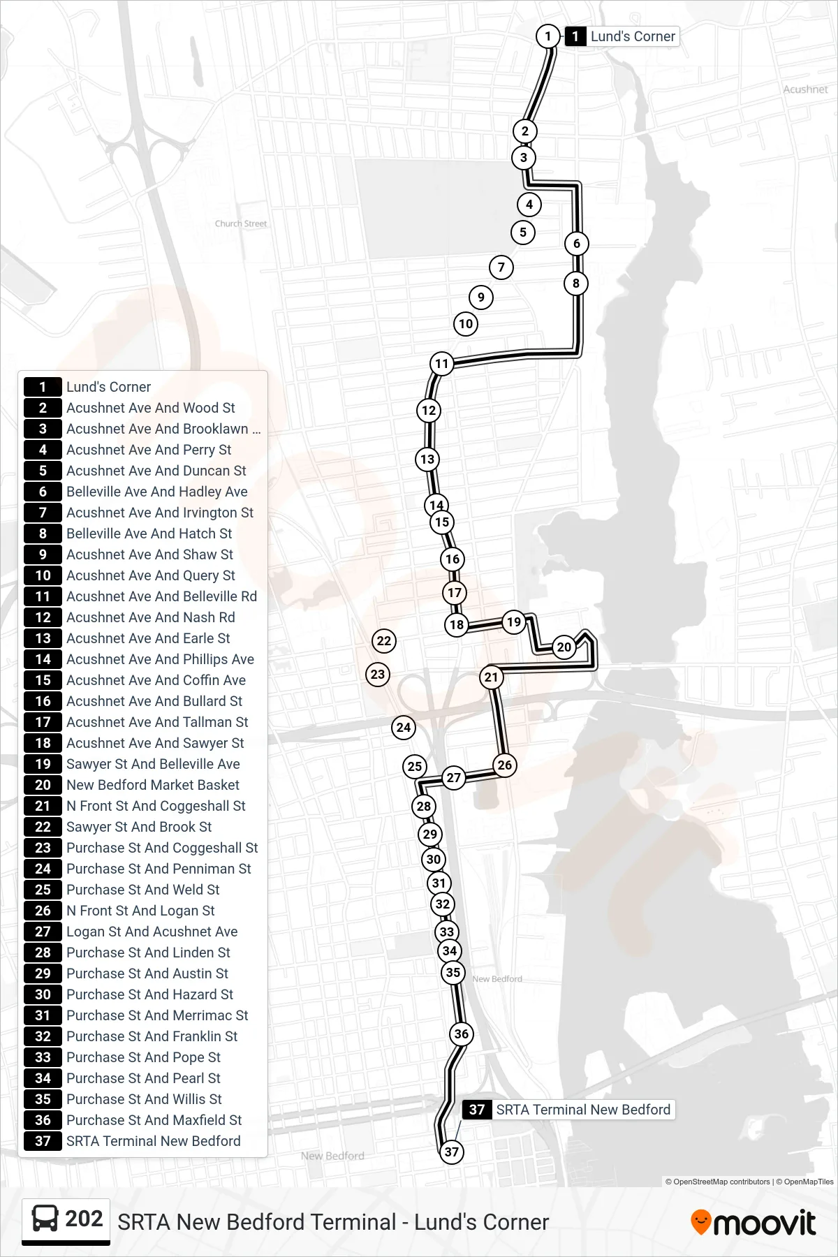 202 bus Line (Terminal) route and stops on a map