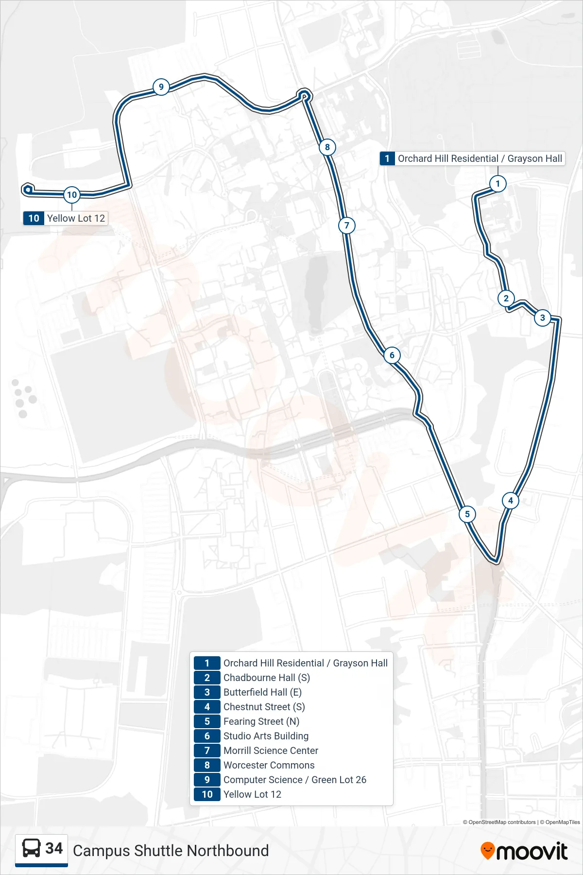 34 bus Line (Bus Garage Via Compsci/Lot 12) route and stops on a map