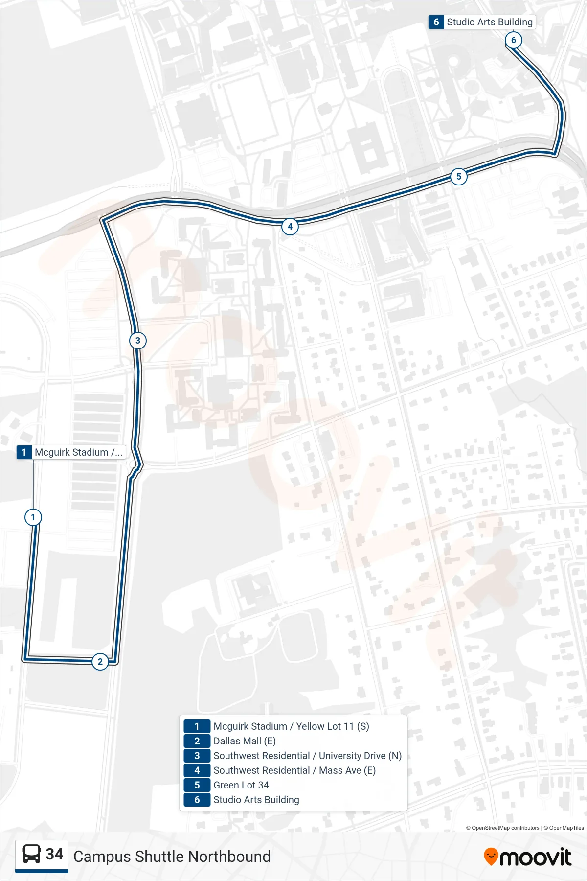 34 bus Line (North Pleasant St Via Mass Ave) route and stops on a map