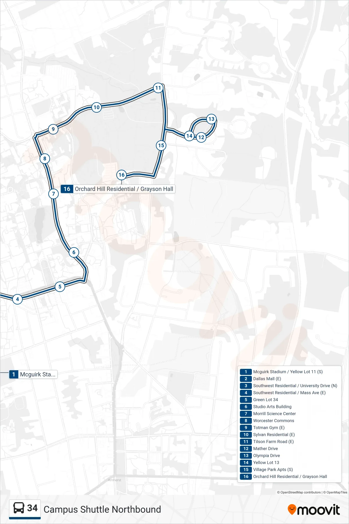 34 bus Line (Orchard Hill Via Sylvan) route and stops on a map