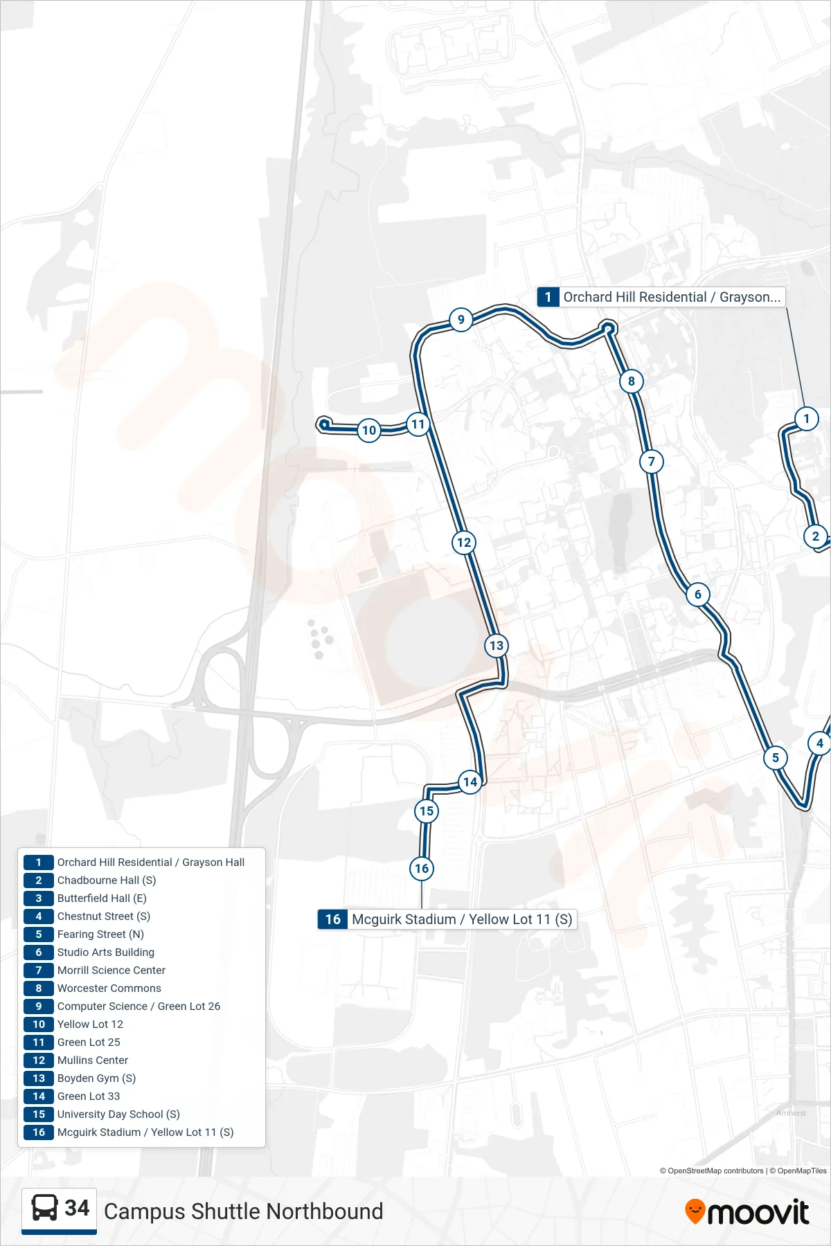 34 bus Line (Mullins Center Via Compsci) route and stops on a map