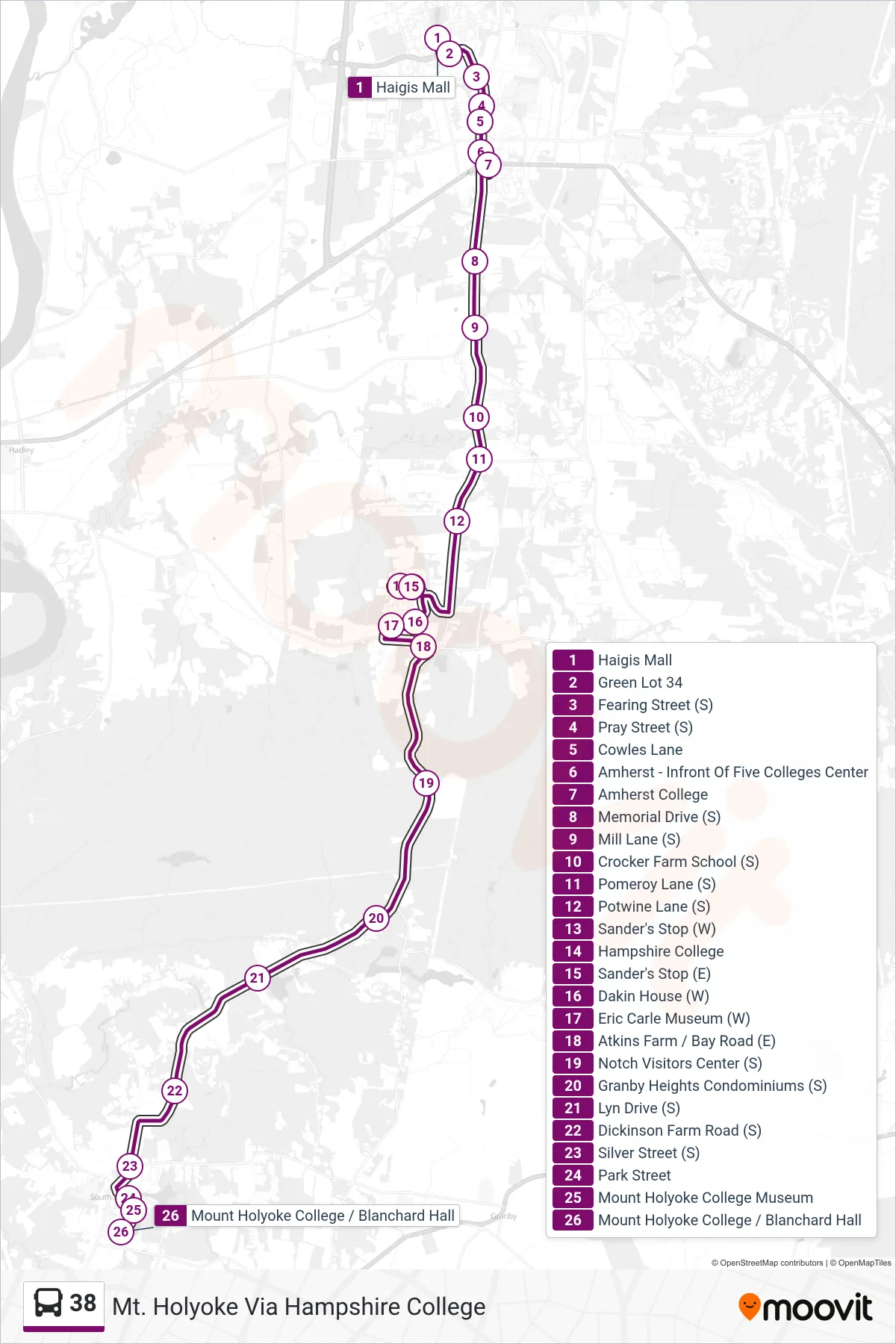 38 bus Line (Mt. Holyoke Via Hampshire College) route and stops on a map