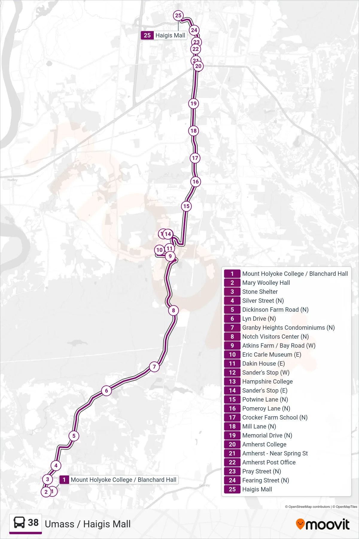 38 bus Line (Umass / Haigis Mall) route and stops on a map