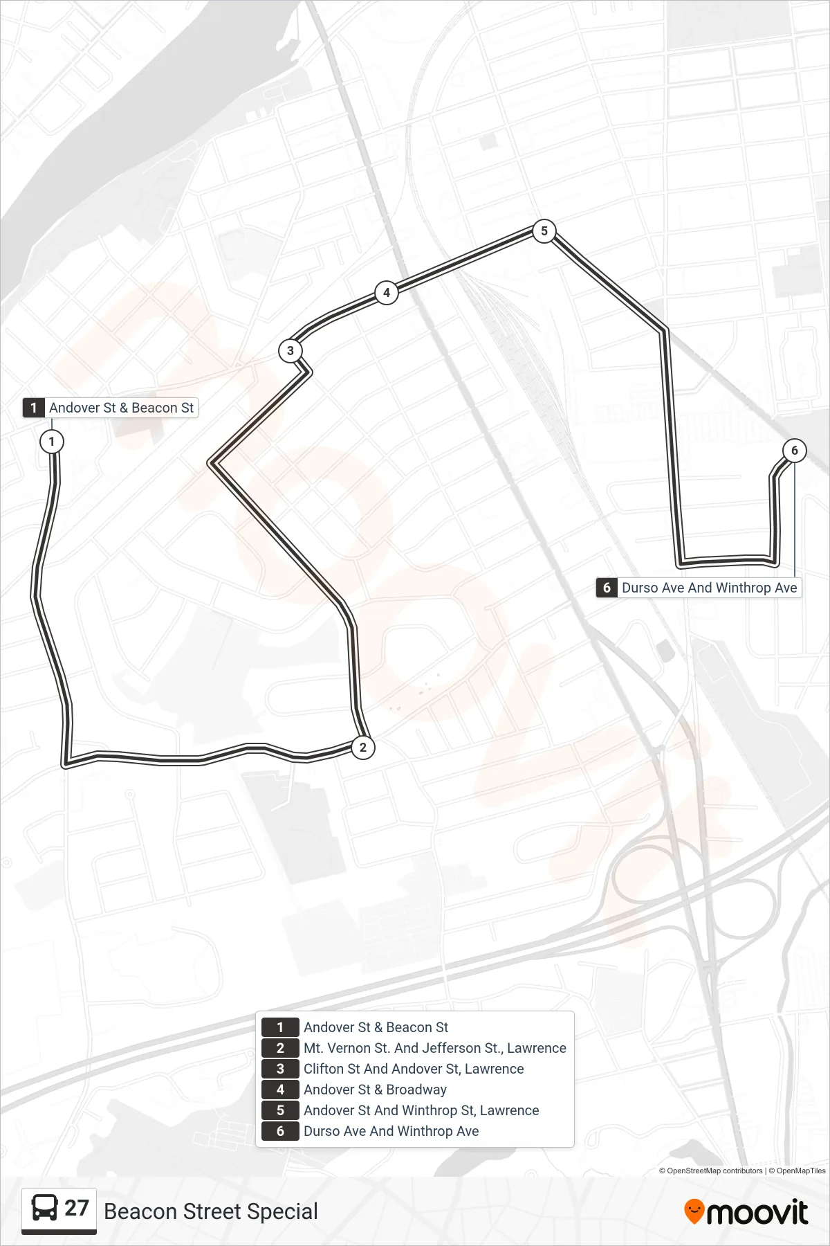 27 bus Line (Beacon Street Special) route and stops on a map