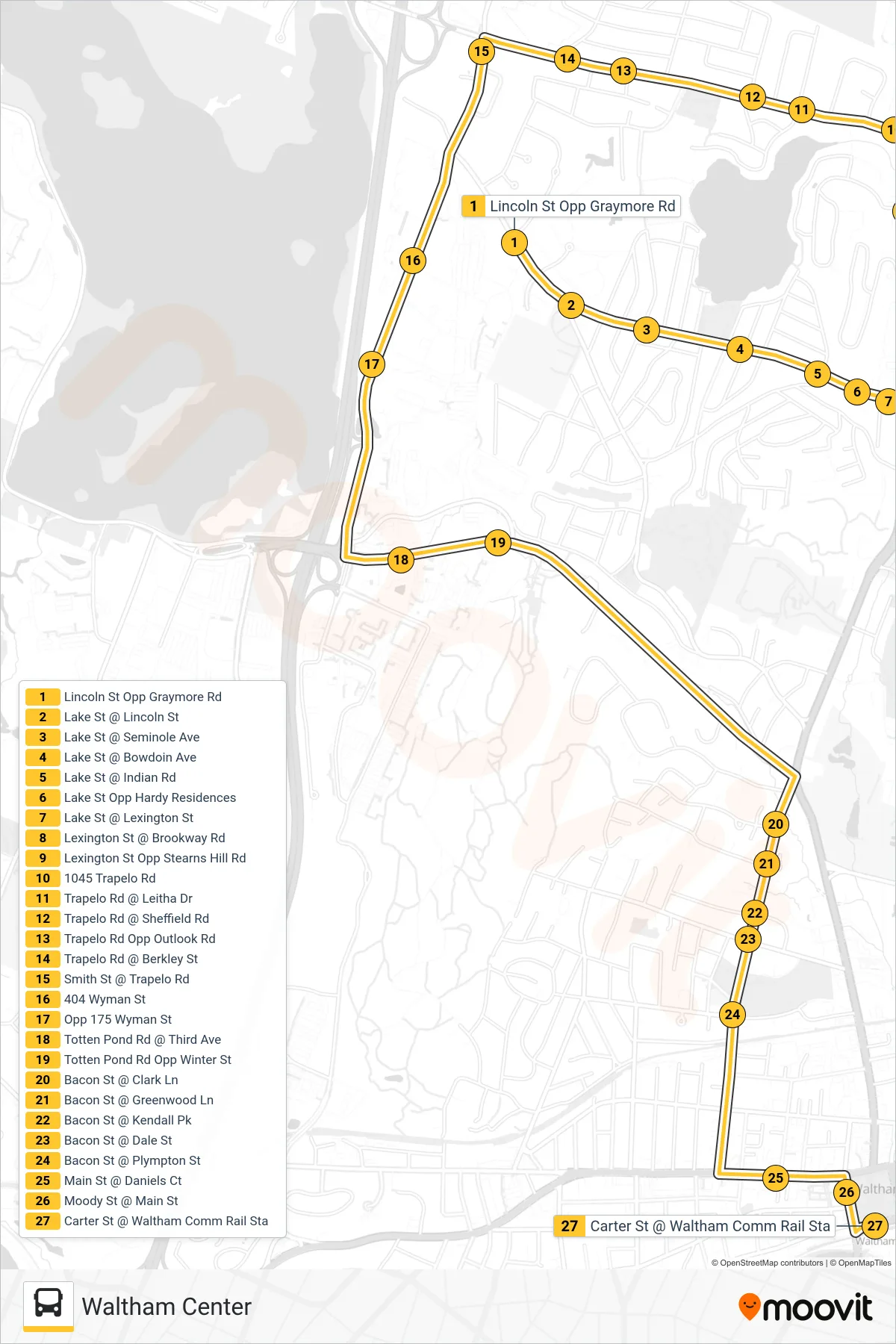 61 bus Line (Waltham Center) route and stops on a map