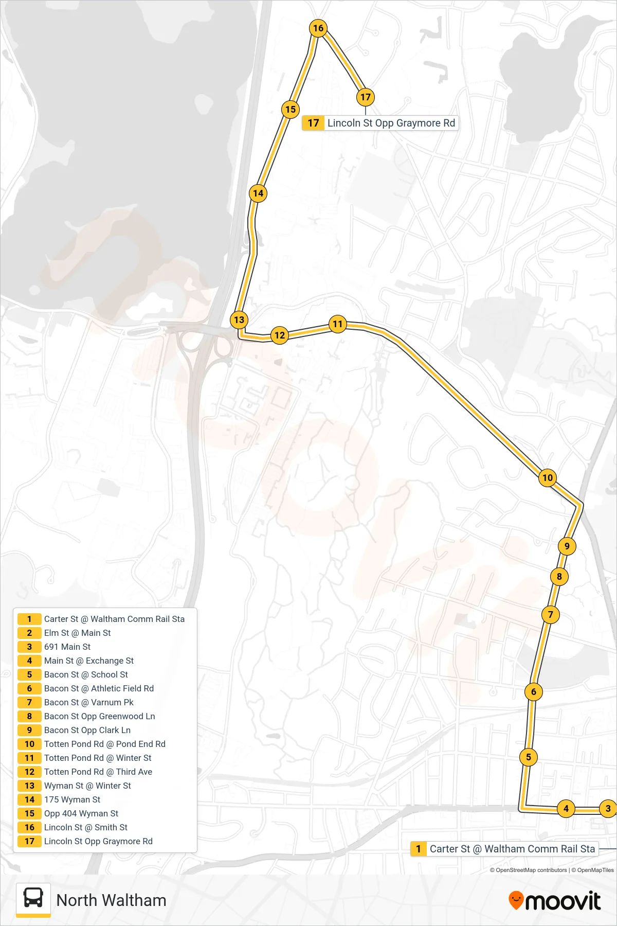 61 bus Line (North Waltham) route and stops on a map