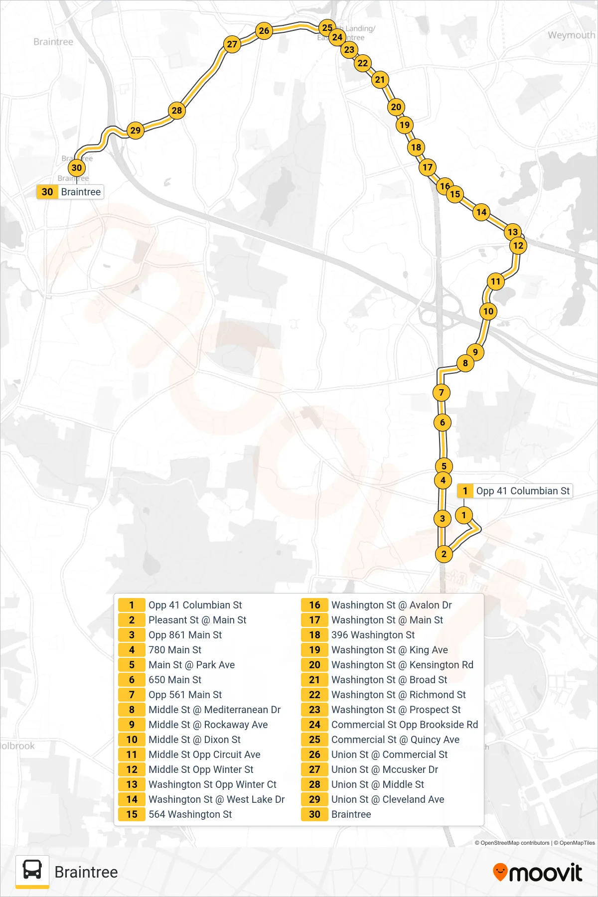 226 bus Line (Braintree) route and stops on a map