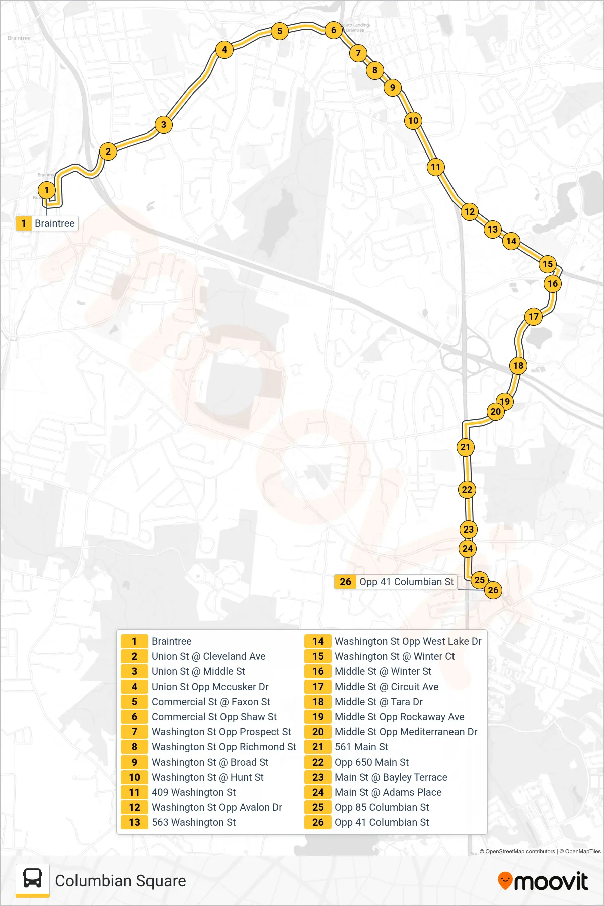226 bus Line (Columbian Square) route and stops on a map